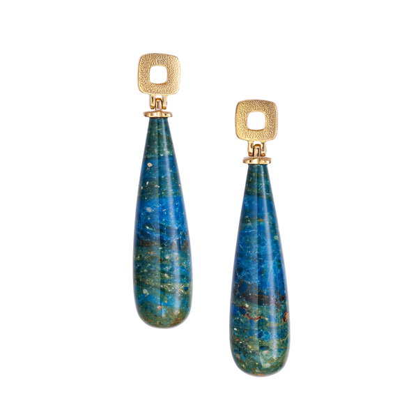 Square Mounting Earrings with Picture Opal Drops in 18kt Yellow Gold