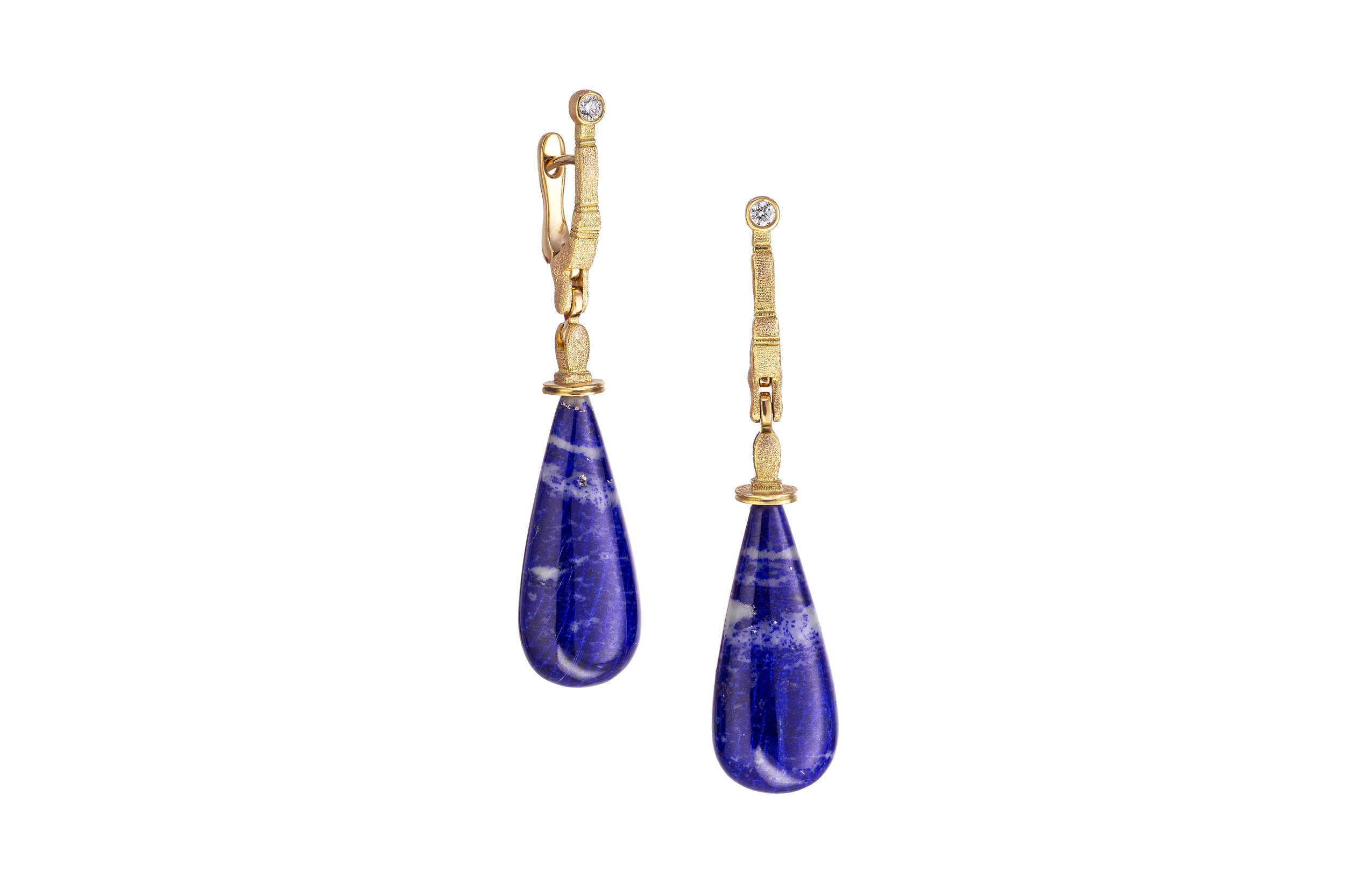 Sticks and Stones Earrings with Lapis Drops in 18kt Yellow Gold