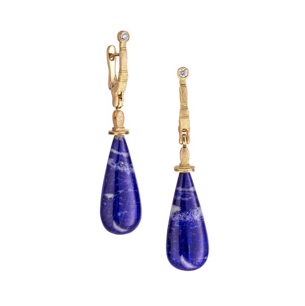 Sticks and Stones Earrings with Lapis Drops in 18kt Yellow Gold