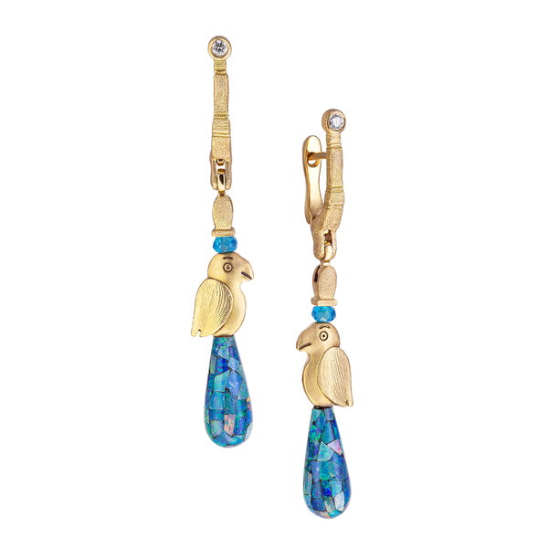 Sticks and Stones Bird Earrings with Apatite and Opal Mosaic in 18kt Yellow Gold
