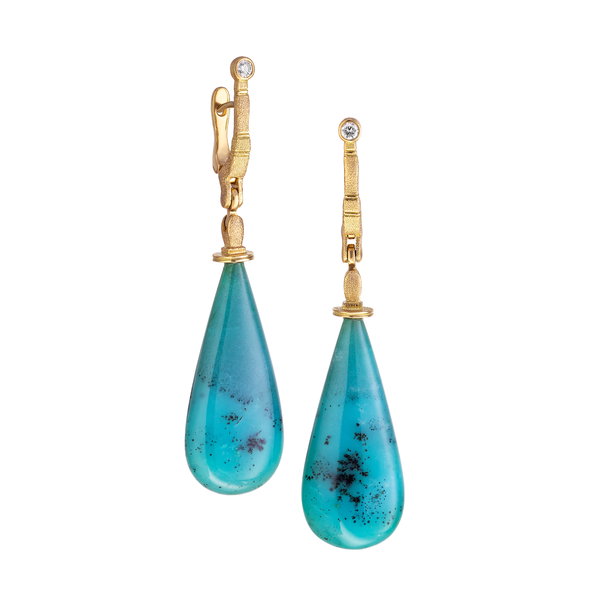 Sticks and Stones Earrings with Blue Opal Copper Wood Drops in 18kt Yellow Gold