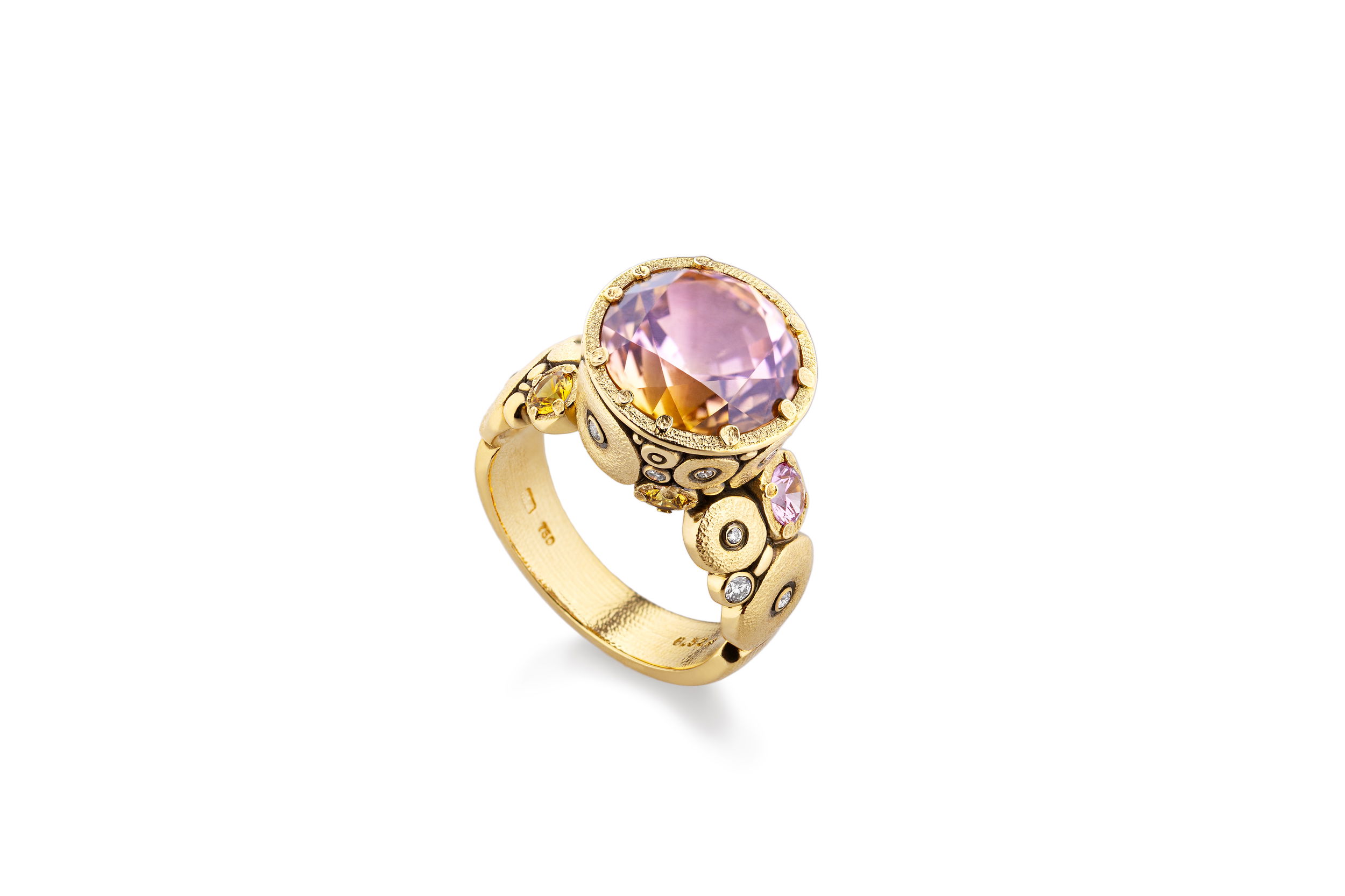 Orchard Ring Mounting with 6.52ct Autumn Bi-Color Tourmaline and Sapphire Band in 18kt Yellow Gold