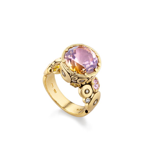 Closeup photo of Orchard Ring Mounting with 6.52ct Autumn Bi-Color Tourmaline and Sapphire Band in 18kt Yellow Gold