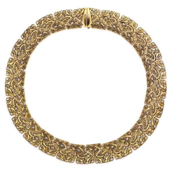 Closeup photo of Arc Collar Necklace with White Diamonds in 18kt Yellow Gold