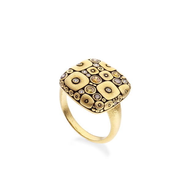 Closeup photo of Soft Mosaic Dome Ring with Natural Color Diamond Mix in 18kt Yellow Gold