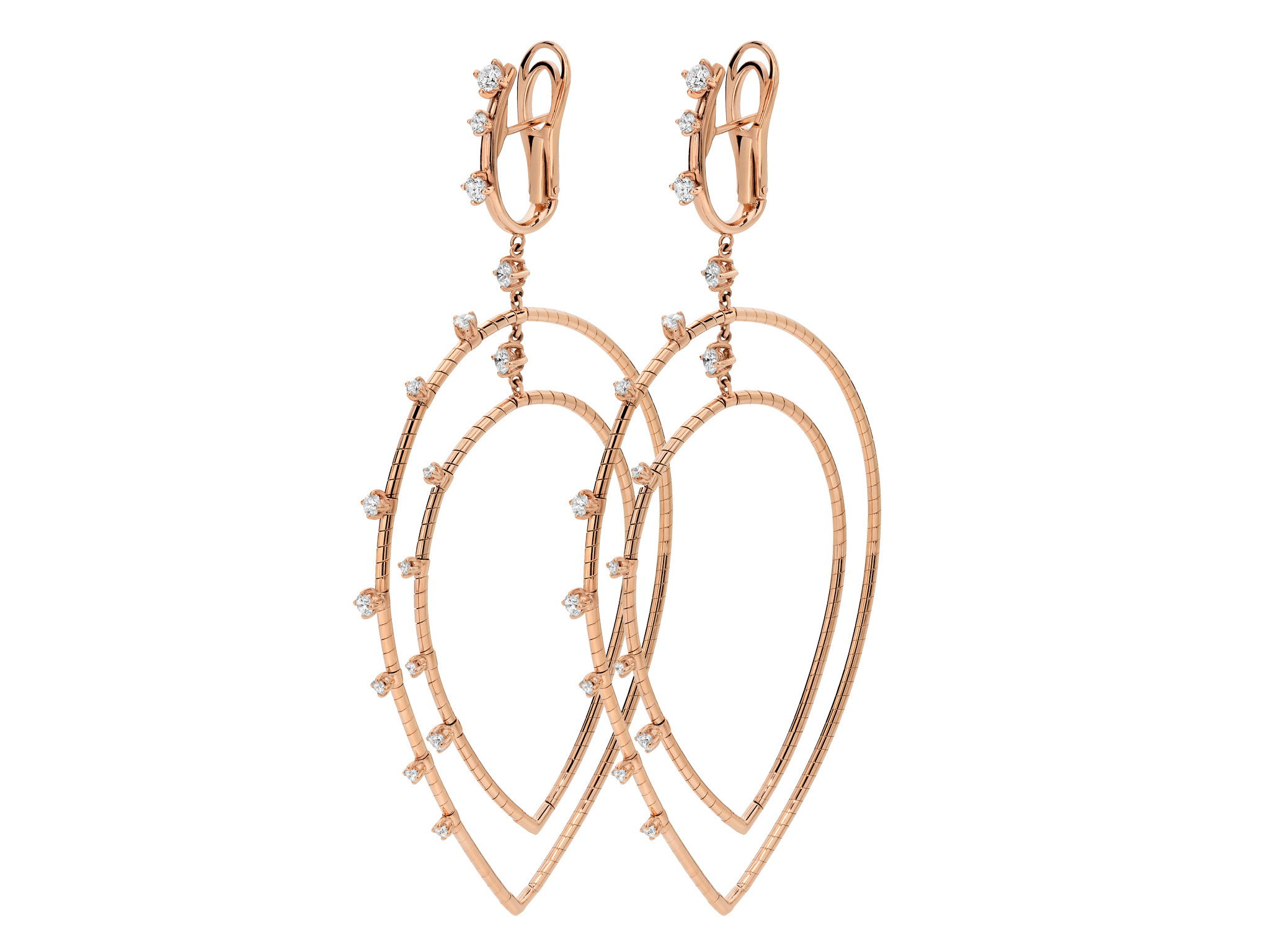 Rugiada Diamanti 7cm Double Navette Hoop Earrings with White Diamonds in 18kt Pink Gold