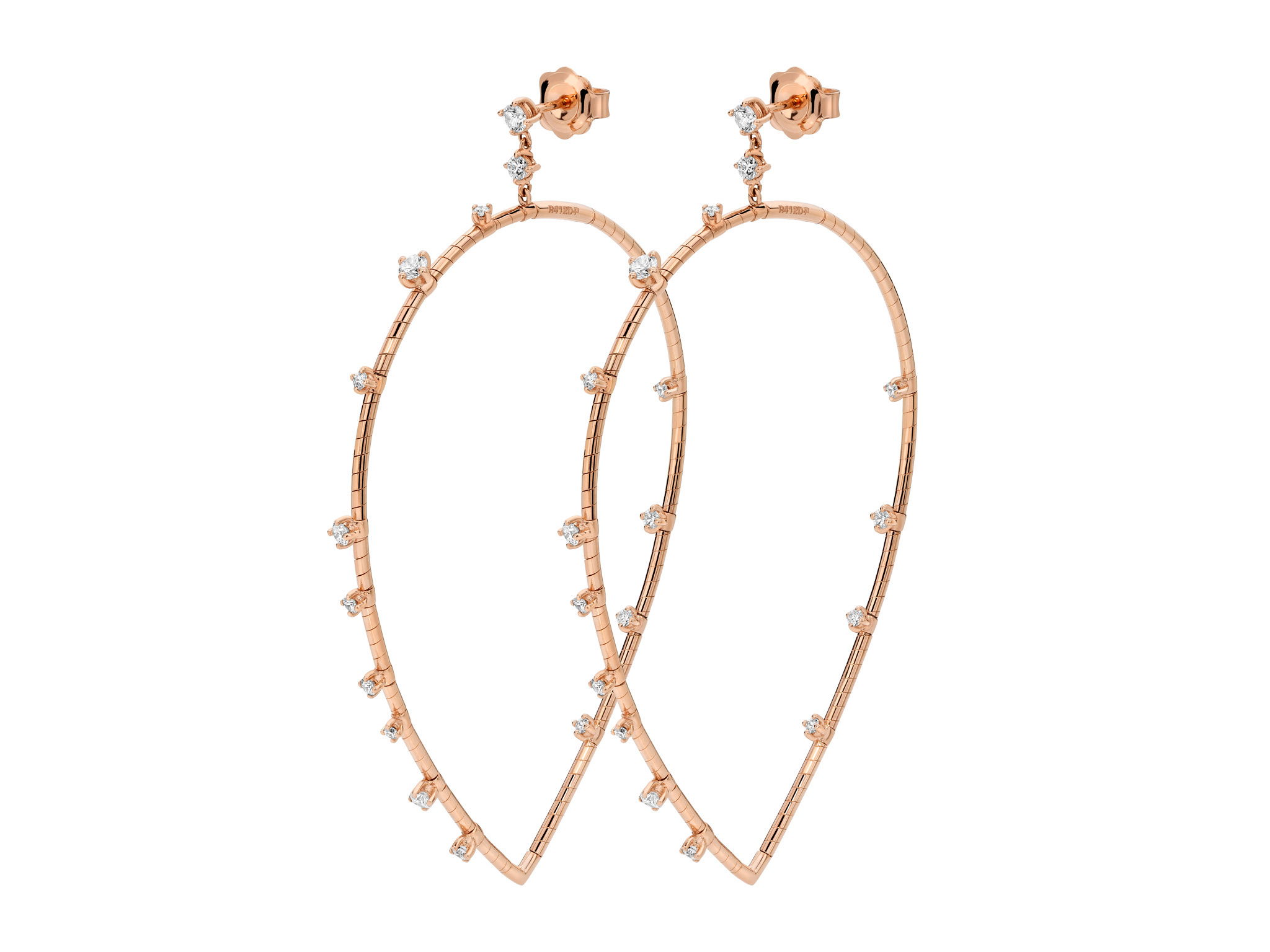 Rugiada Diamanti 7cm Navette Hoop Earrings with White Diamonds in 18kt Pink Gold