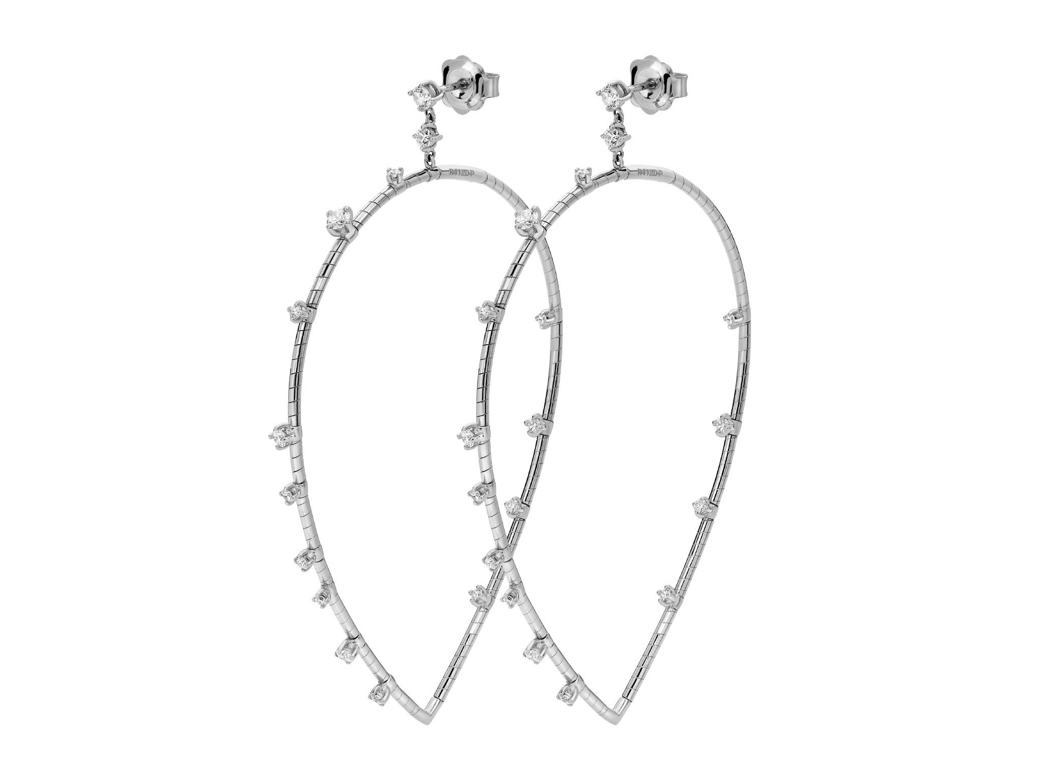 Rugiada Diamanti 7cm Navette Hoop Earrings with White Diamonds in 18kt White Gold