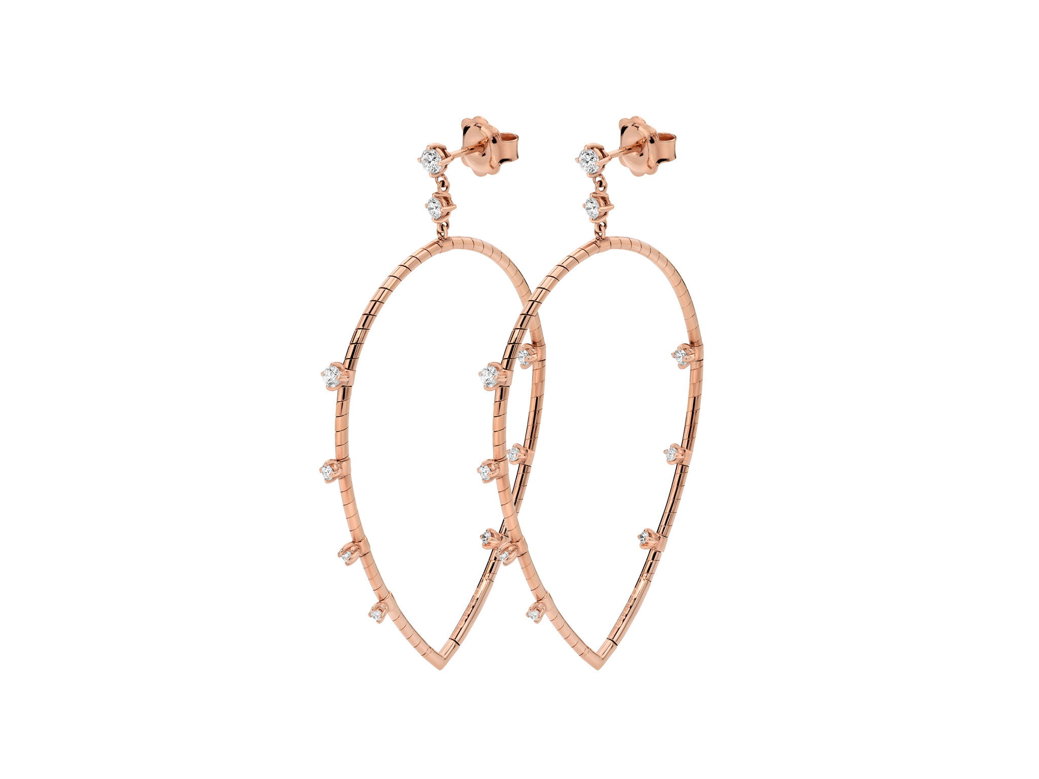 Rugiada Diamanti 5cm Navette Hoop Earrings with White Diamonds in 18kt Pink Gold