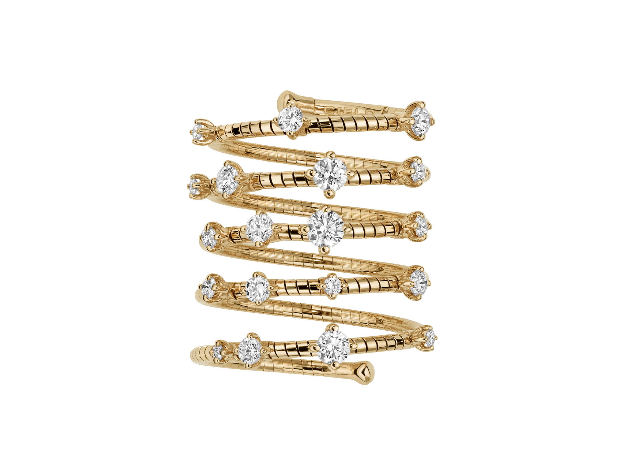 Rugiada Diamanti 5 Row Ring with White Diamonds in 18kt Yellow Gold by Mattia Cielo. From the Rugiada Diamanti (Diamond Dew) Collection, this ring is created in 18kt yellow gold with a titanium core. The ring is set with 0.98ctw round brilliant cut natural white diamonds, G/VS quality. This is a flexible 5 row ring in a medium, size 6.5 - 7.0 US. Rugiada Diamanti 5 Row Ring with White Diamonds in 18kt Yellow Gold - Medium