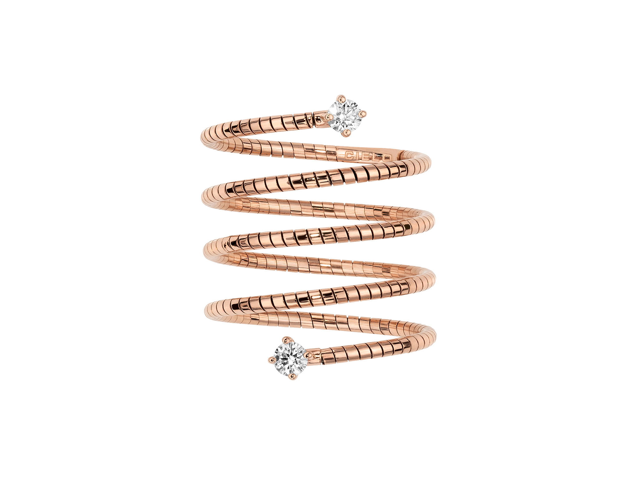 Rugiada Diamanti 5 Row Ring with White Diamonds in 18kt Pink Gold by Mattia Cielo. From the Rugiada Diamanti (Diamond Dew) Collection, this ring is created in 18kt Pink Gold with a titanium core. The ring is set with 0.20ctw round brilliant cut natural white diamonds, G/VS quality. This is a flexible 5 row ring in a medium, size 6.5 - 7.0 US. Rugiada Diamanti 5 Row Ring with White Diamonds in 18kt Pink Gold - Medium