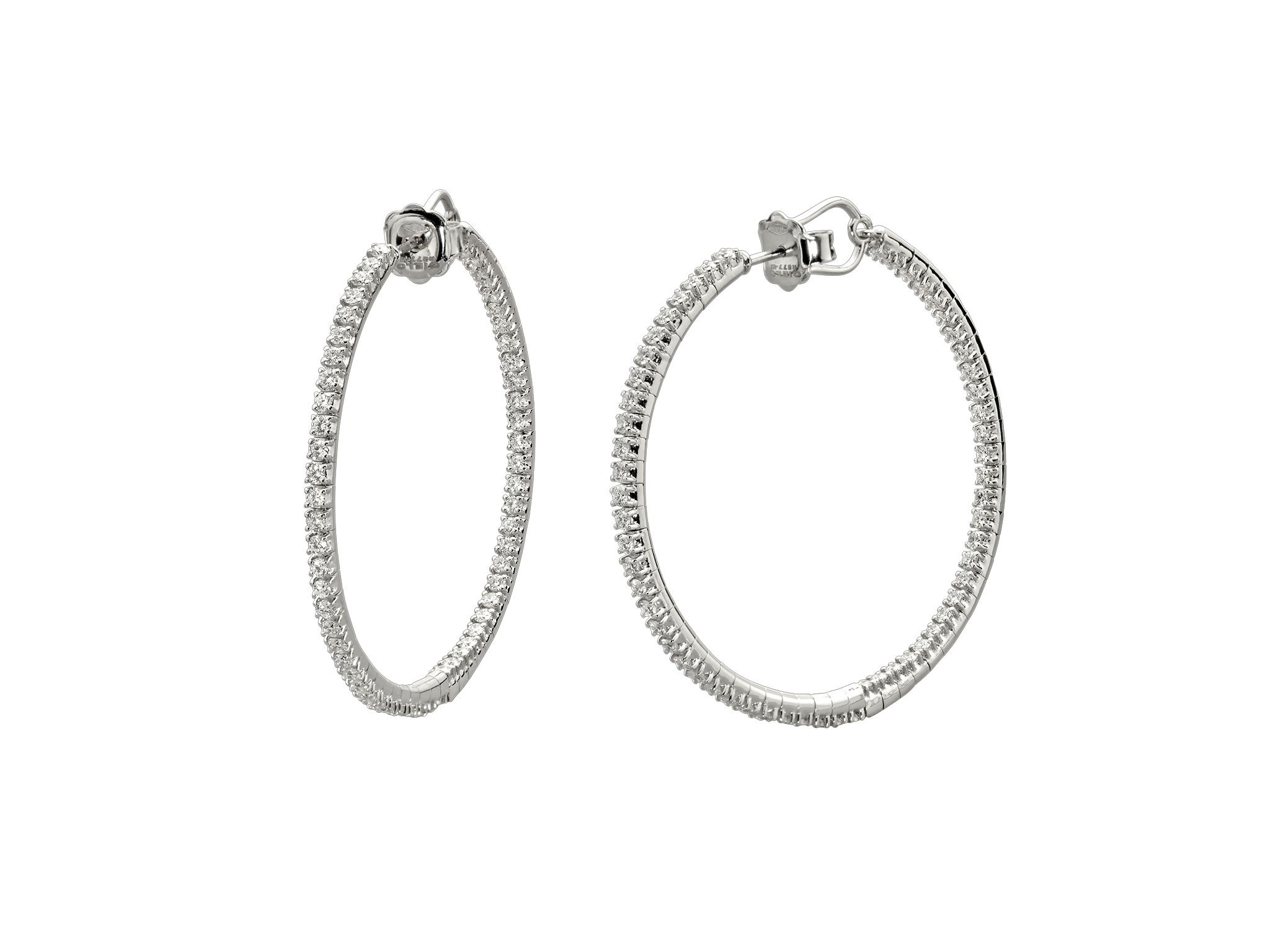 Rugiada Tennis 4cm Hoop Earrings with White Diamonds in 18kt White Gold by Mattia Cielo. From the Rugiada Tennis (Tennis Dew) Collection, these earrings are created in 18kt white gold with a titanium core. The earrings are set with 2.14ctw round brilliant cut natural white diamonds, G/VS quality. The hoops are 4cm in diameter. Rugiada Tennis 4cm Hoop Earrings with White Diamonds in 18kt White Gold