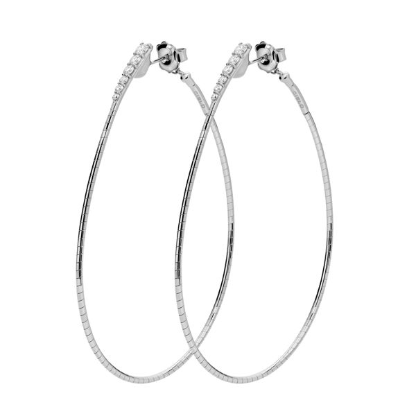 Closeup photo of Rugiada Tennis 6cm Oval Hoop Earrings with White Diamonds in 18kt White Gold