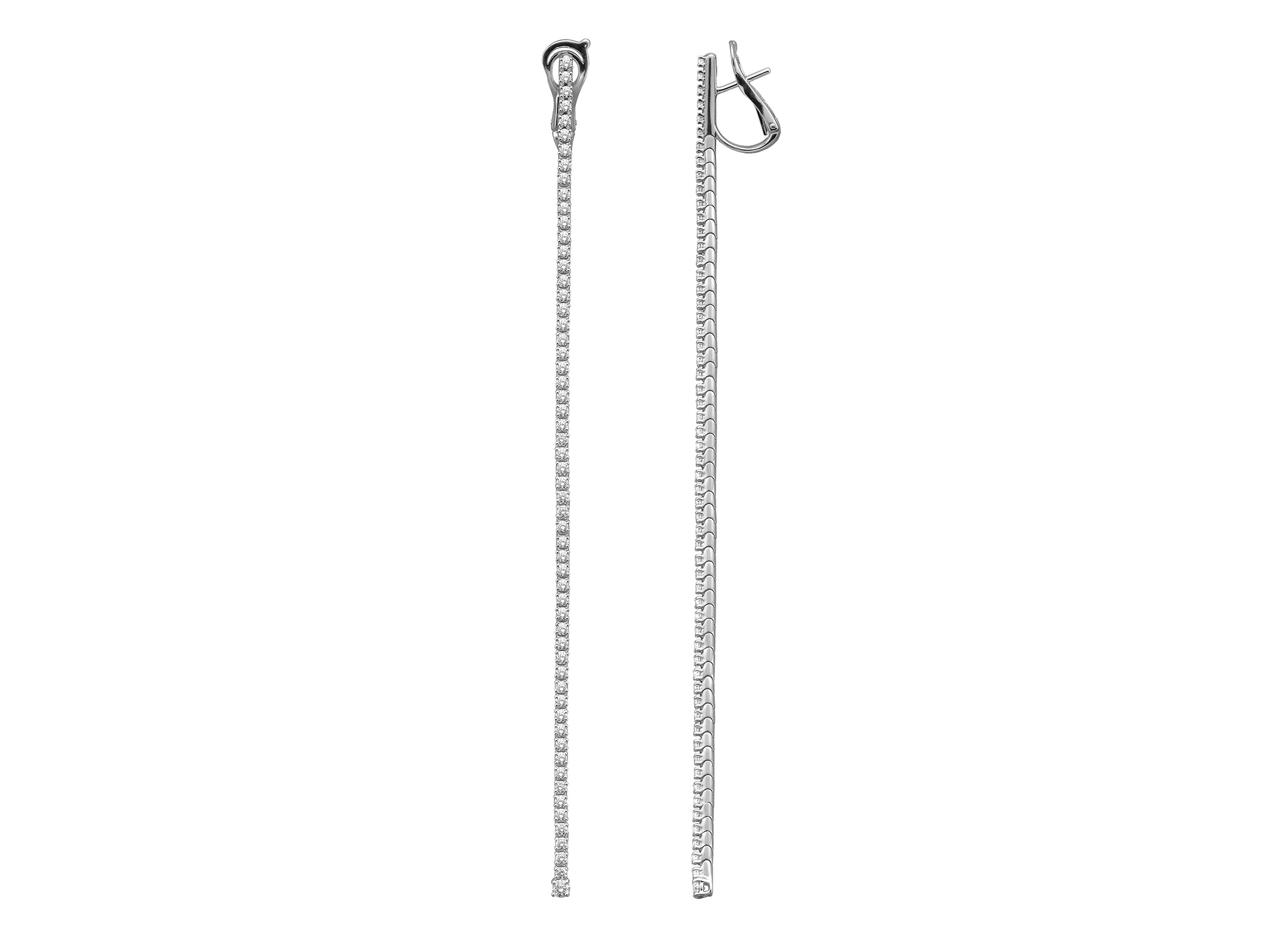 Rugiada Tennis 12cm Dangle Earrings with White Diamonds in 18kt White Gold by Mattia Cielo. From the Rugiada Tennis (Tennis Dew) Collection, these earrings are created in 18kt white gold. The earrings are set with 2.15ctw round brilliant cut natural white diamonds, G/VS quality. The dangle earrings are 12cm long. Rugiada Tennis 12cm Dangle Earrings with White Diamonds in 18kt White Gold