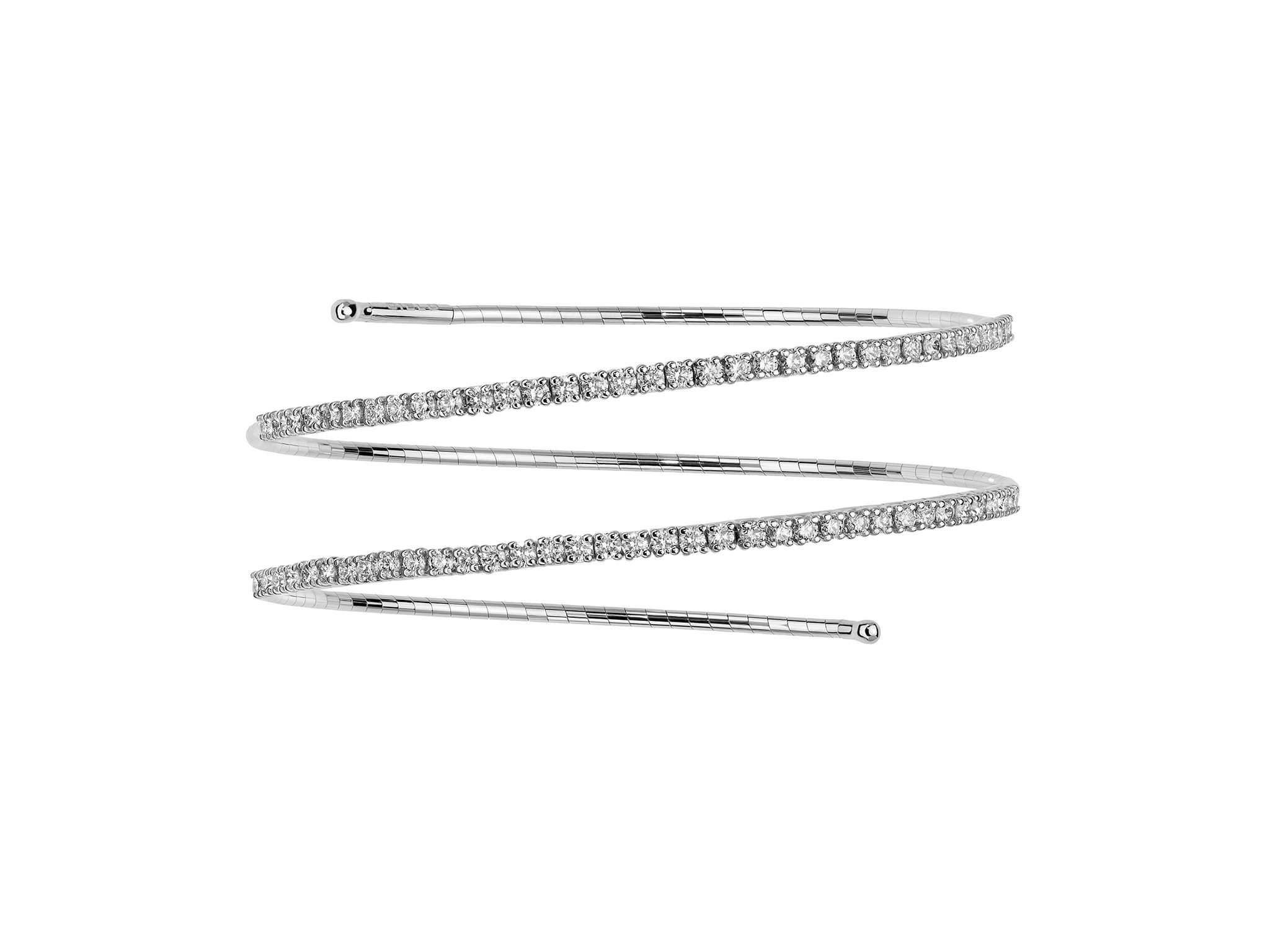 Rugiada Tennis 2 Row Bracelet with White Diamonds in 18kt White Gold by Mattia Cielo. From the Rugiada Tennis (Tennis Dew) Collection, this bracelet is created in 18kt white gold with a titanium core. The bracelet is set with 1.40ctw round brilliant cut natural white diamonds, G/VS quality. This is a flexible two row bracelet in a size medium. This translates to 6cm in diameter. The bracelet cm size represents internal diameter. Rugiada Tennis 2 Row Bracelet with White Diamonds in 18kt White Gold - Medium