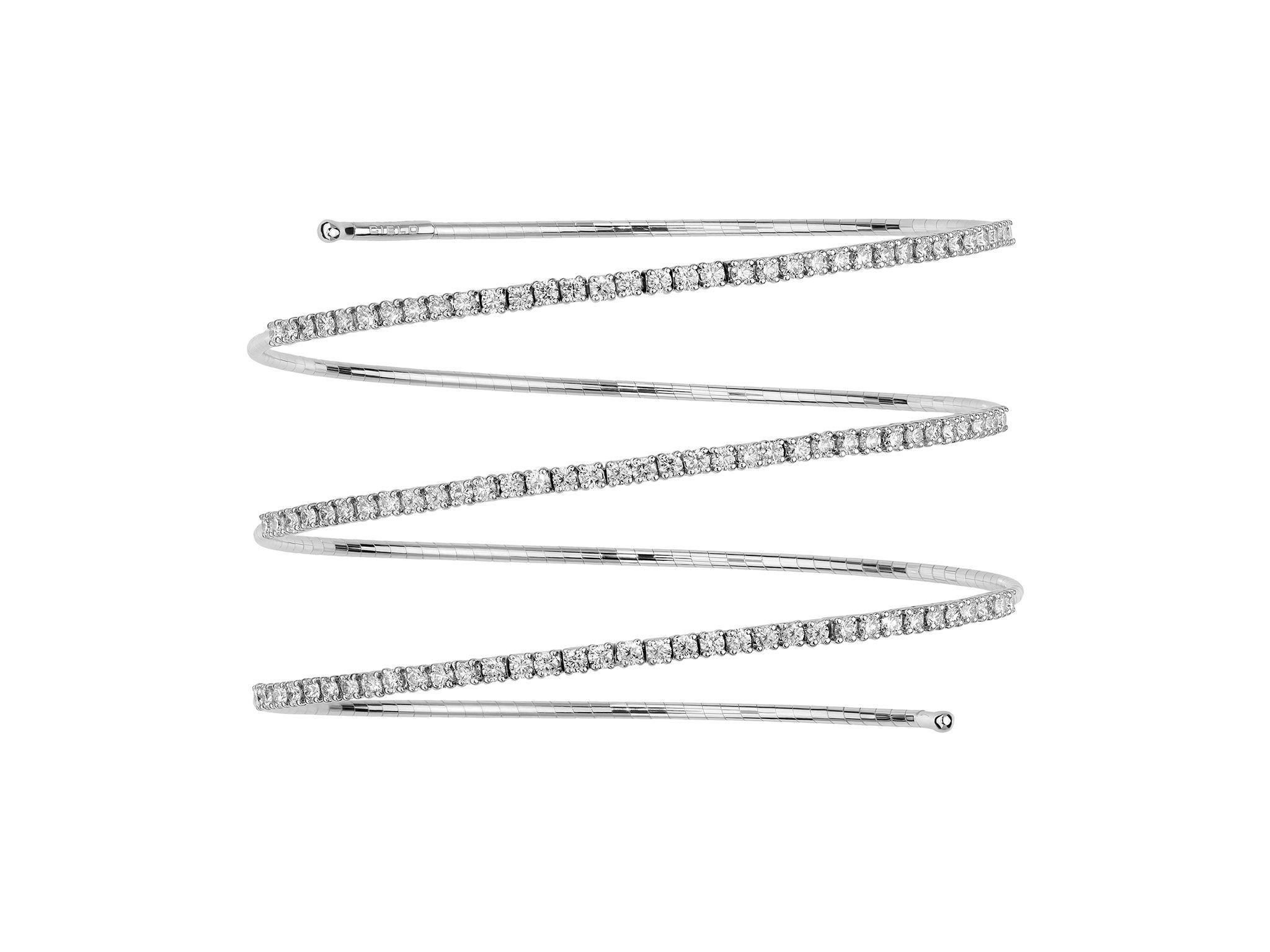 Rugiada Tennis 3 Row Bracelet with White Diamonds in 18kt White Gold by Mattia Cielo. From the Rugiada Tennis (Tennis Dew) Collection, this bracelet is created in 18kt white gold with a titanium core. The bracelet is set with 2.10ctw round brilliant cut natural white diamonds, G/VS quality. This is a flexible three row bracelet in a size medium. This translates to 6cm in diameter. The bracelet cm size represents internal diameter. Rugiada Tennis 3 Row Bracelet with White Diamonds in 18kt White Gold - Medium