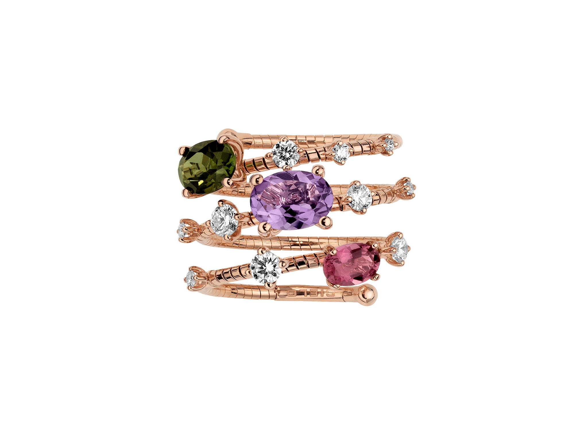 Rugiada Pietre 3 Row Ring with White Diamonds, Amethyst and Tourmaline in 18kt Pink Gold by Mattia Cielo. From the Rugiada Pietre (Stone Dew) Collection, this ring is created in 18kt Pink Gold with a titanium core. The ring is set with one oval amethyst at 1.10ctw, one oval green tourmaline at 0.70ct and one oval pink tourmaline at 0.45ct. The design is further accented with 0.53ctw round brilliant cut natural white diamonds, G/VS quality. This is a flexible three row ring in a medium, size 6.5 - 7.0 US. Rugiada Pietre 3 Row Ring with White Diamonds, Amethyst and Tourmaline in 18kt Pink Gold - Medium