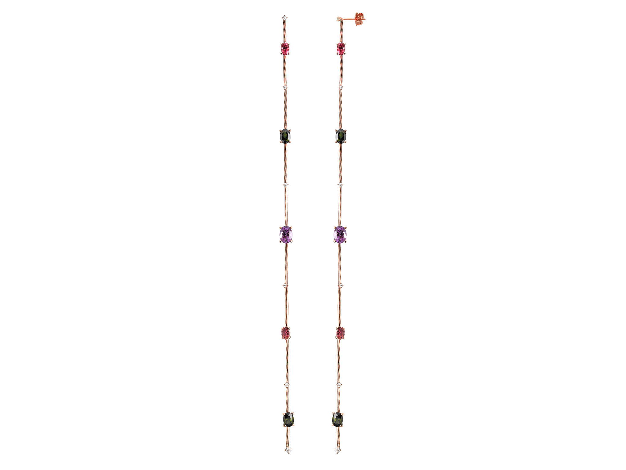 Rugiada Pietre 20cm Dangle Earrings with White Diamonds, Amethyst and Tourmaline in 18kt Pink Gold
