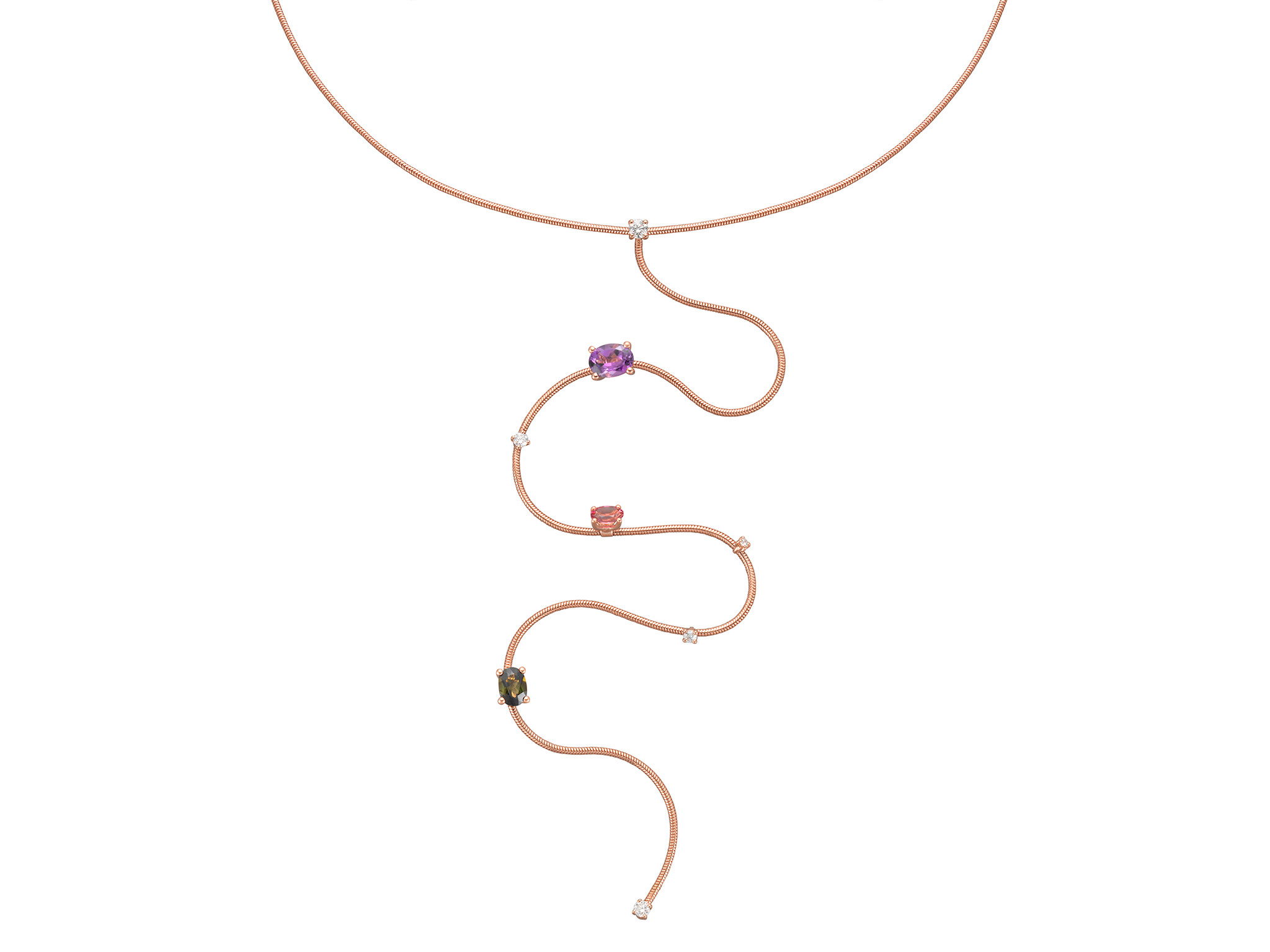 Rugiada Pietre 45cm/28cm Lariat Necklace with White Diamonds, Amethyst and Tourmaline in 18kt Pink Gold