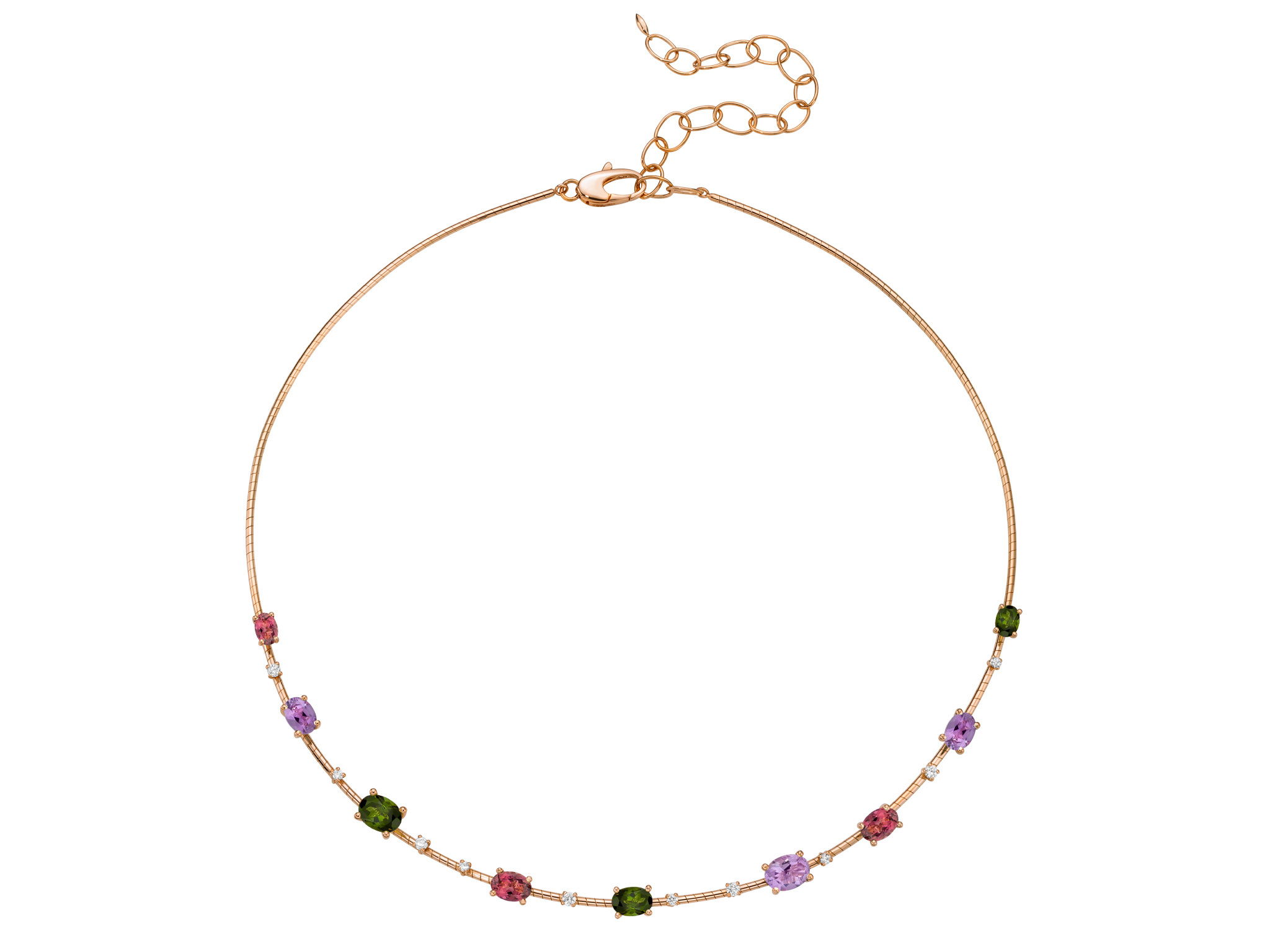 Rugiada Pietre Collar Necklace with White Diamonds, Amethyst and Tourmaline in 18kt Pink Gold by Mattia Cielo. From the Rugiada Pietre (Stone Dew) Collection, this necklace is created in 18kt Pink Gold. The necklace is set with three oval amethysts at 2.40ctw, two oval green tourmalines at 1.14ctw and three pink oval tourmalines at 2.07ctw. The design is further accented with 0.39ctw round brilliant cut natural white diamonds, G/VS quality. The necklace is flexible with a chain extension allowing it to be worn shorter or longer depending on the shape of the neck. Rugiada Pietre Collar Necklace with White Diamonds, Amethyst and Tourmaline in 18kt Pink Gold