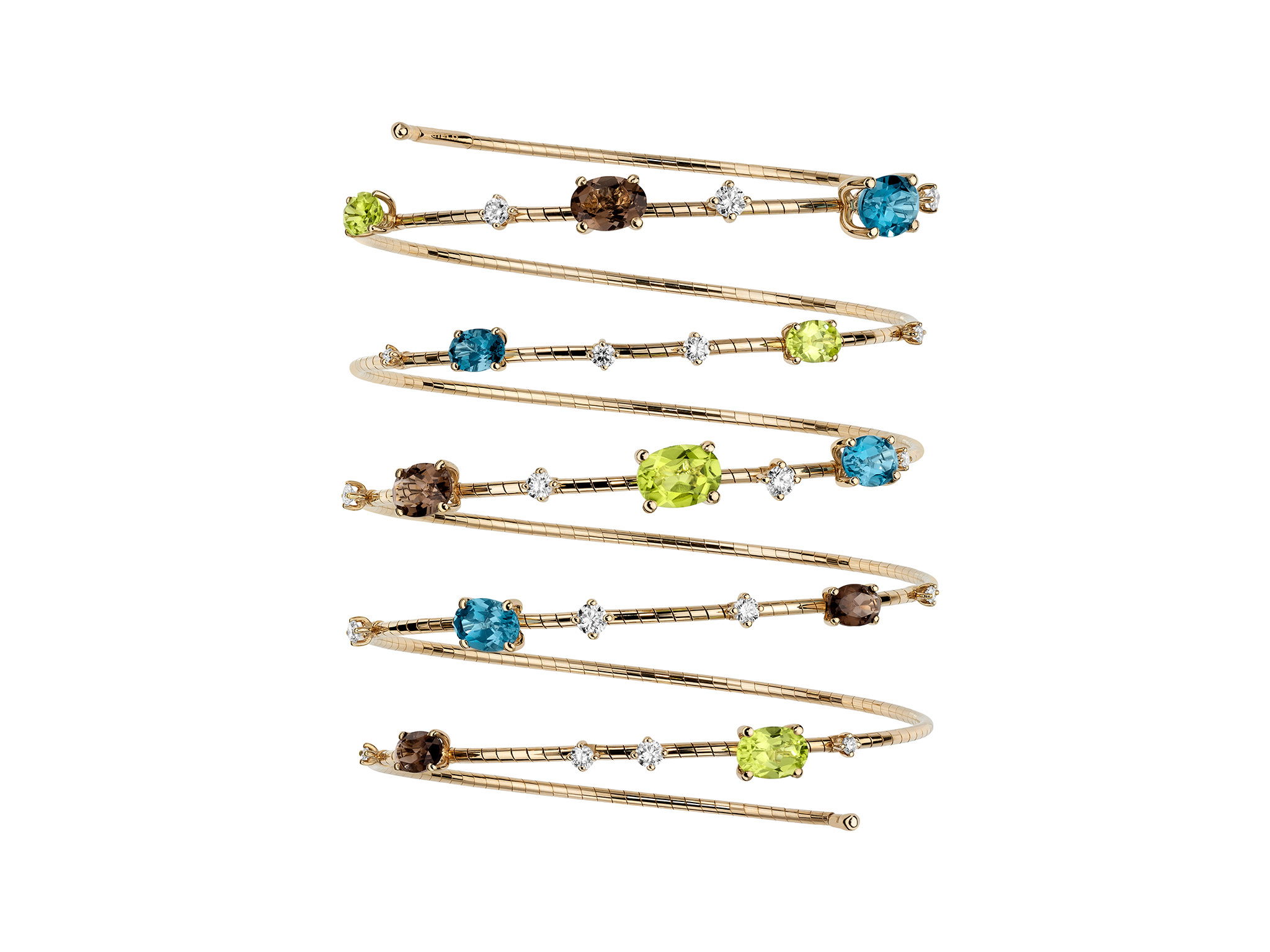 Rugiada Pietre 5 Row Bracelet with White Diamonds, Peridot, Quartz and Topaz in 18kt Yellow Gold - Medium
