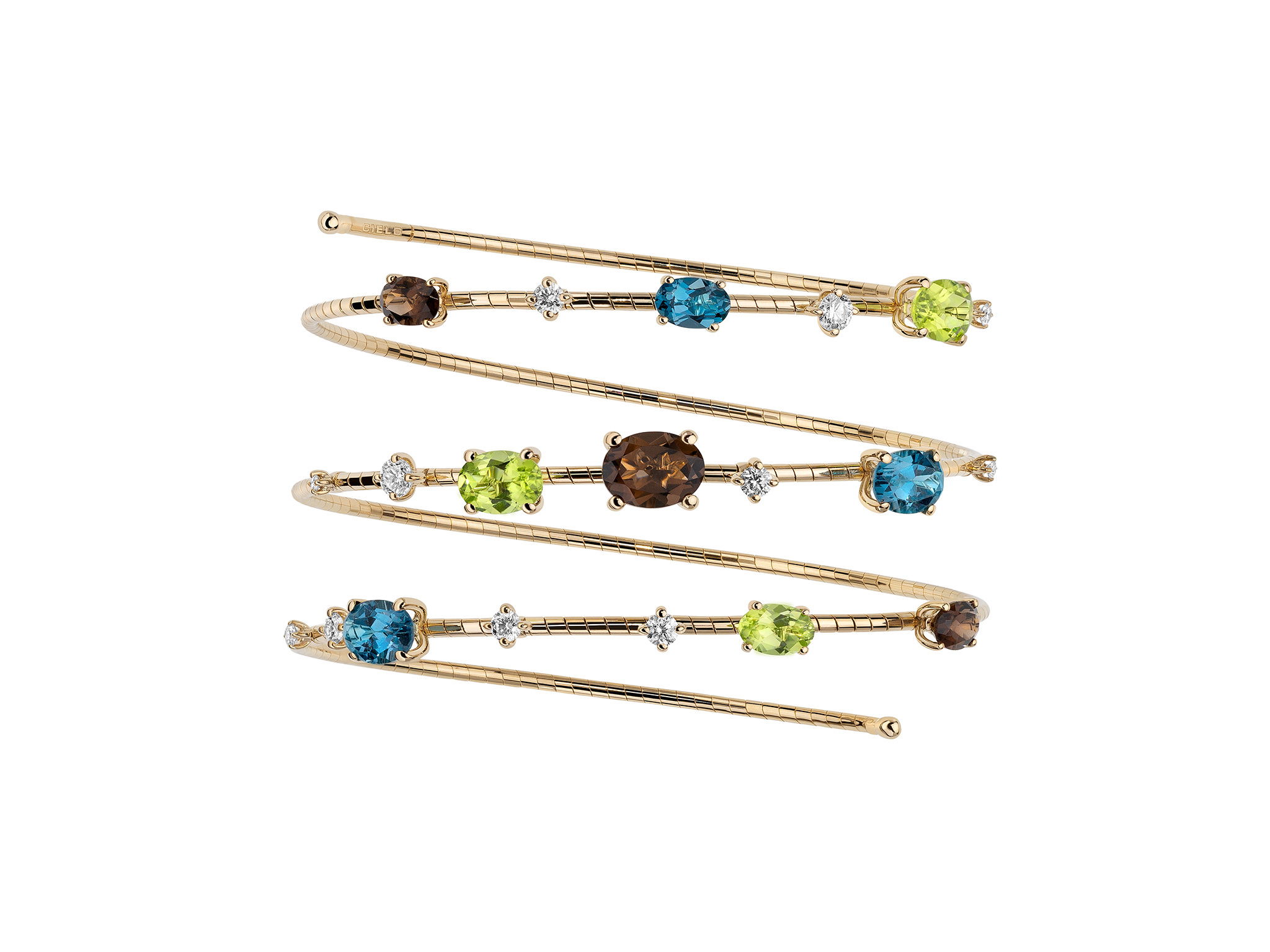 Rugiada Pietre 3 Row Bracelet with White Diamonds, Peridot, Quartz and Topaz in 18kt Yellow Gold by Mattia Cielo. From the Rugiada Pietre (Stone Dew) Collection, this bracelet is created in 18kt yellow gold with a titanium core. The bracelet is set with three oval peridot at 2.29ctw, three oval smoky quartz at 1.90ctw and three oval London blue topaz at 2.39ctw. The design is further accented with 0.63ctw round brilliant cut natural white diamonds, G/VS quality. This is a flexible three row bracelet in a size medium. This translates to 6cm in diameter. The bracelet cm size represents internal diameter. Rugiada Pietre 3 Row Bracelet with White Diamonds, Peridot, Quartz and Topaz in 18kt Yellow Gold - Medium