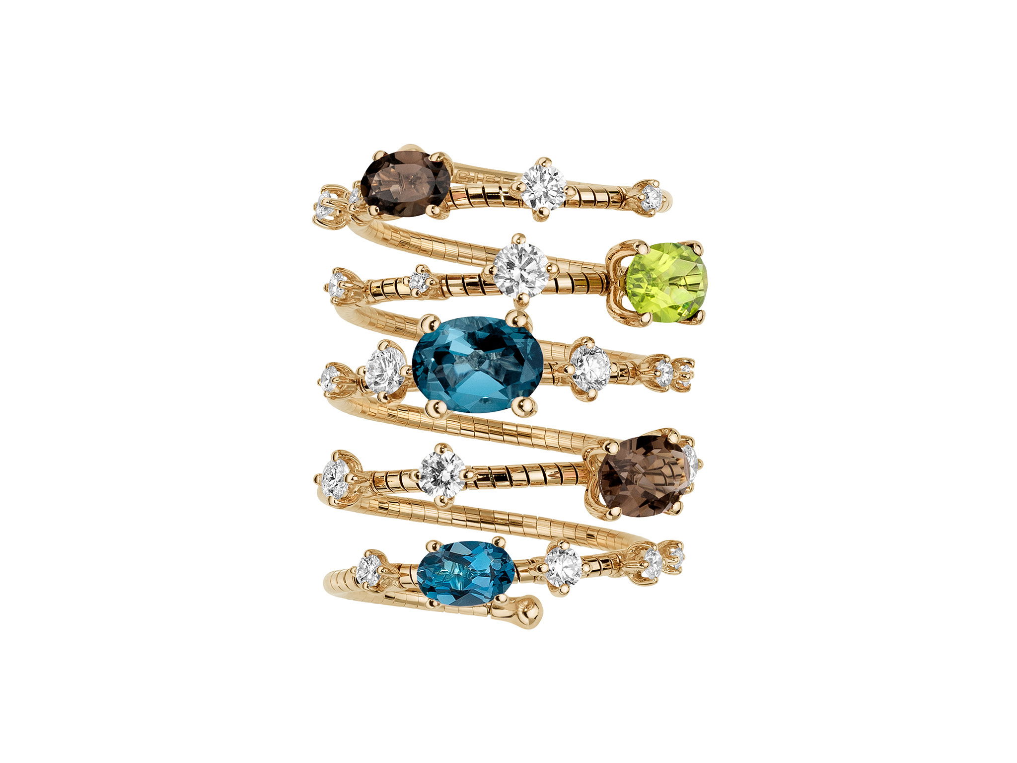 Rugiada Pietre 5 Row Ring with White Diamonds, Peridot, Quartz and Topaz in 18kt Yellow Gold by Mattia Cielo. From the Rugiada Pietre (Stone Dew) Collection, this ring is created in 18kt yellow gold with a titanium core. The ring is set with one oval peridot at 0.90ct, two oval smoky quartz at 1.55ctw and two oval London blue topaz at 1.99ctw. The design is further accented with 1.06ctw round brilliant cut natural white diamonds, G/VS quality. This is a flexible five row ring in a medium, size 6.5 - 7.0 US. Rugiada Pietre 5 Row Ring with White Diamonds, Peridot, Quartz and Topaz in 18kt Yellow Gold - Medium