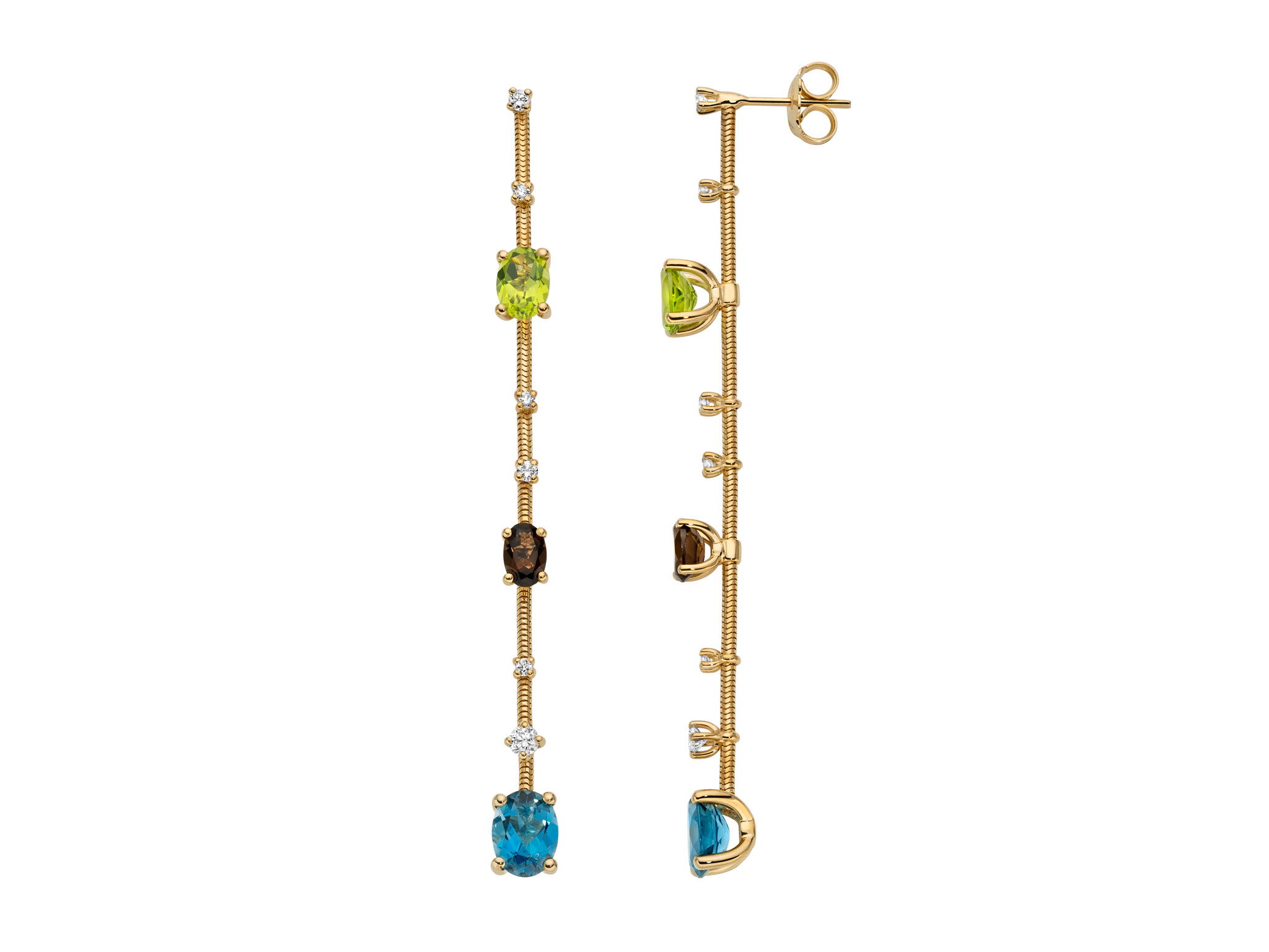 Rugiada Pietre 7cm Dangle Earrings with White Diamonds, Peridot, Quartz and Topaz in 18kt Yellow Gold by Mattia Cielo. From the Rugiada Pietre (Stone Dew) Collection, the earrings are created in 18kt yellow gold. The earrings are set with two oval peridot at 1.80ctw, two oval smoky quartz at 0.80ctw and two oval London blue topaz at 2.96ctw. The design is further accented with 0.34ctw round brilliant cut natural white diamonds, G/VS quality. The dangle earrings measure 7cm long. FIX Rugiada Pietre 7cm Dangle Earrings with White Diamonds, Peridot, Quartz and Topaz in 18kt Yellow Gold