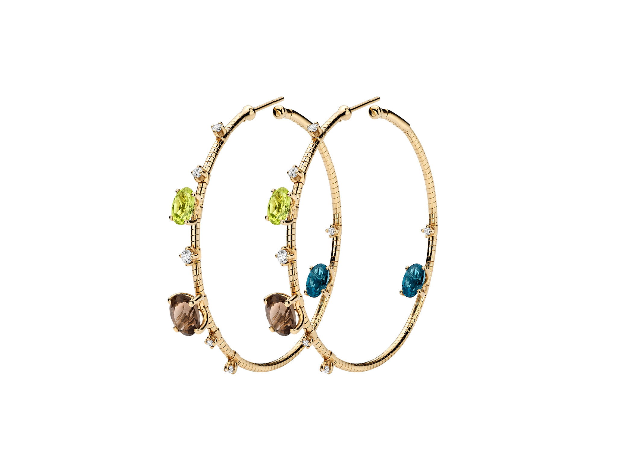 Rugiada Pietre 4cm Hoop Earrings with White Diamonds, Peridot, Quartz and Topaz in 18kt Yellow Gold by Mattia Cielo. From the Rugiada Pietre (Stone Dew) Collection, the earrings are created in 18kt yellow gold with a titanium core. The earrings are set with two oval peridot at 0.98ctw, two oval smoky quartz at 2.30ctw and two oval London blue topaz at 1.02ctw. The design is further accented with 0.24ctw round brilliant cut natural white diamonds, G/VS quality. The hoops are 4cm in diameter. Rugiada Pietre 4cm Hoop Earrings with White Diamonds, Peridot, Quartz and Topaz in 18kt Yellow Gold