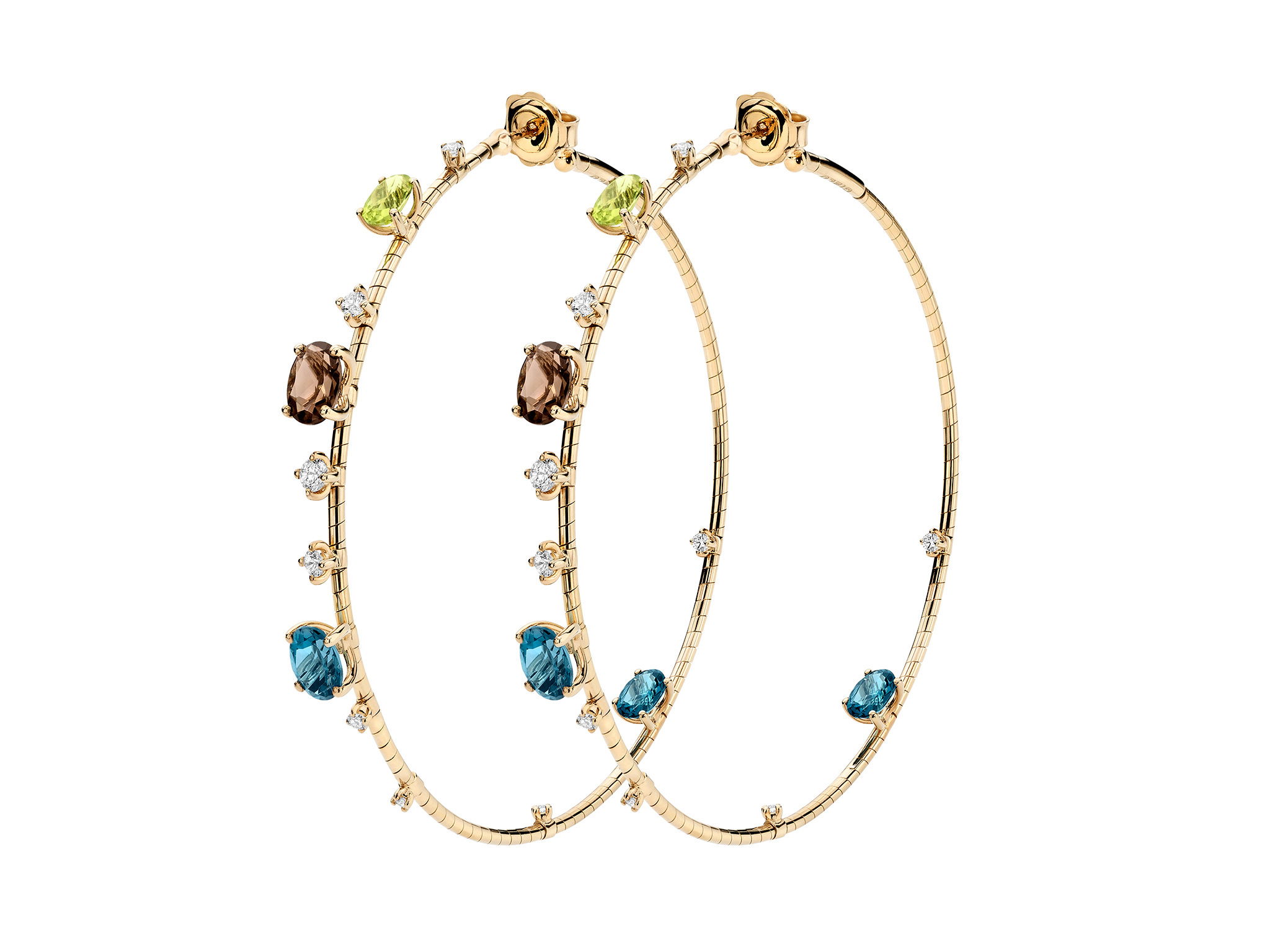 Rugiada Pietre 6cm Hoop Earrings with White Diamonds, Peridot, Quartz and Topaz in 18kt Yellow Gold
