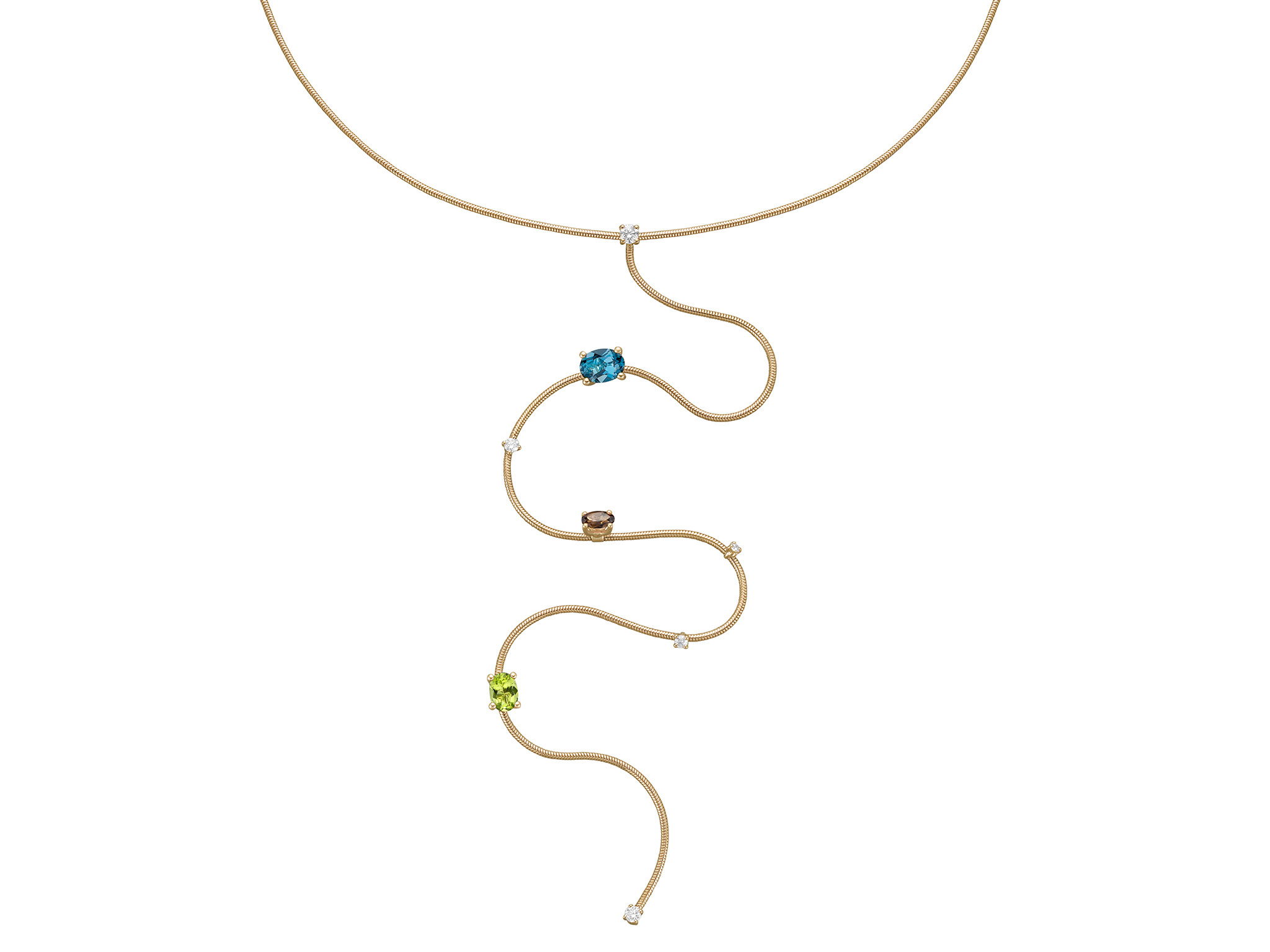 Rugiada Pietre 45cm/28cm Lariat Necklace with White Diamonds, Peridot, Quartz and Topaz in 18kt Yellow Gold by Mattia Cielo. From the Rugiada Pietre (Stone Dew) Collection, this necklace is created in 18kt yellow gold. The necklace is set with one oval peridot at 0.90ct, one oval smoky quartz at 0.40ct and one oval London blue topaz at 1.48ct. The design is further accented with 0.45ctw round brilliant cut natural white diamonds, G/VS quality. The necklace measures 45cm around the neck with a 28cm lariat dangle. Rugiada Pietre 45cm/28cm Lariat Necklace with White Diamonds, Peridot, Quartz and Topaz in 18kt Yellow Gold