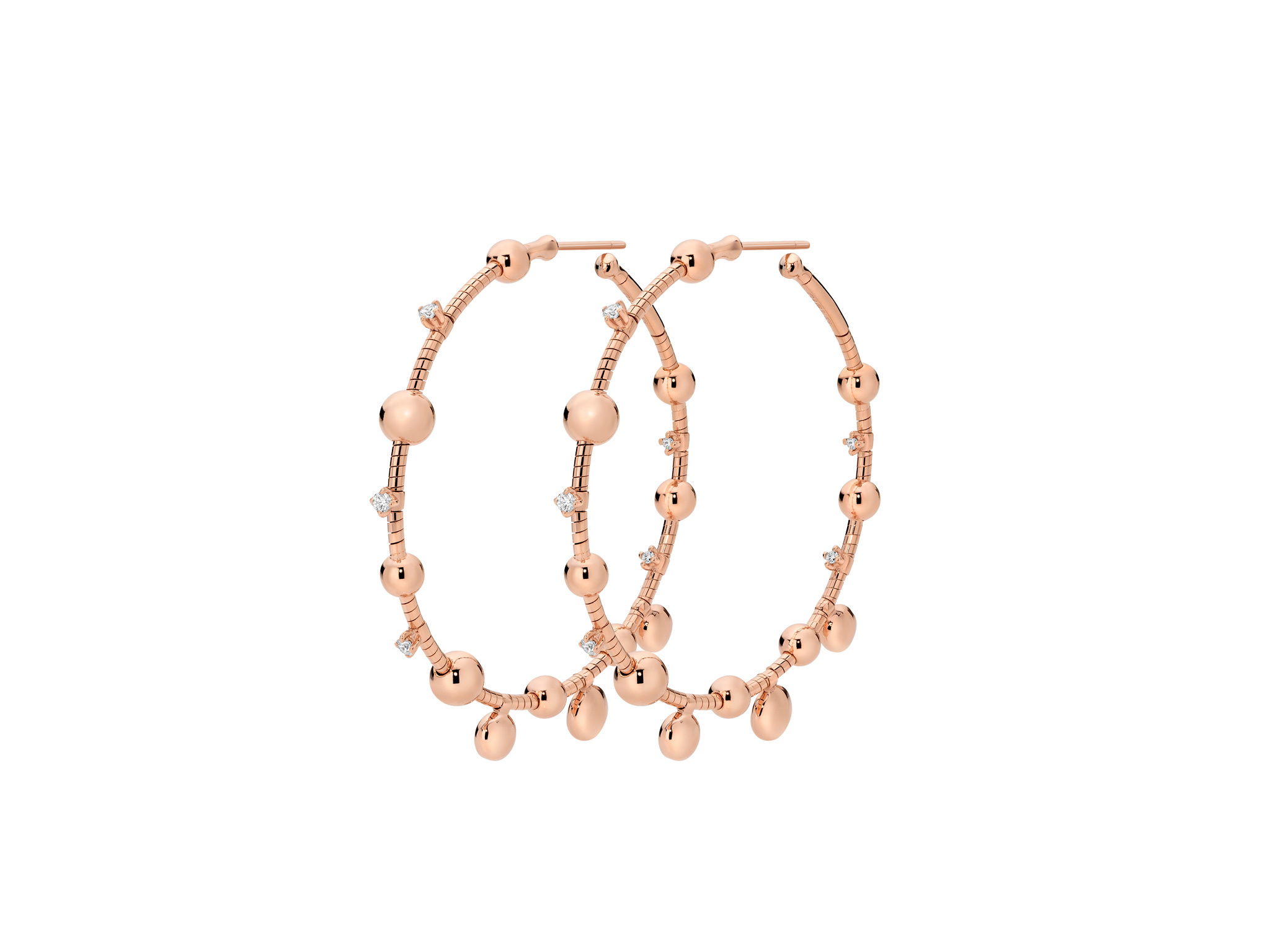 Rugiada Gocce 4cm Hoop Earrings with White Diamonds in 18kt Pink Gold by Mattia Cielo. From the Rugiada Gocce (Dew Drops) Collection, these earrings are created in 18kt Pink Gold with a titanium core. The earrings are set with 0.17ctw round brilliant cut natural white diamonds, G/VS quality. The hoops are 4cm in diameter. Rugiada Gocce 4cm Hoop Earrings with White Diamonds in 18kt Pink Gold