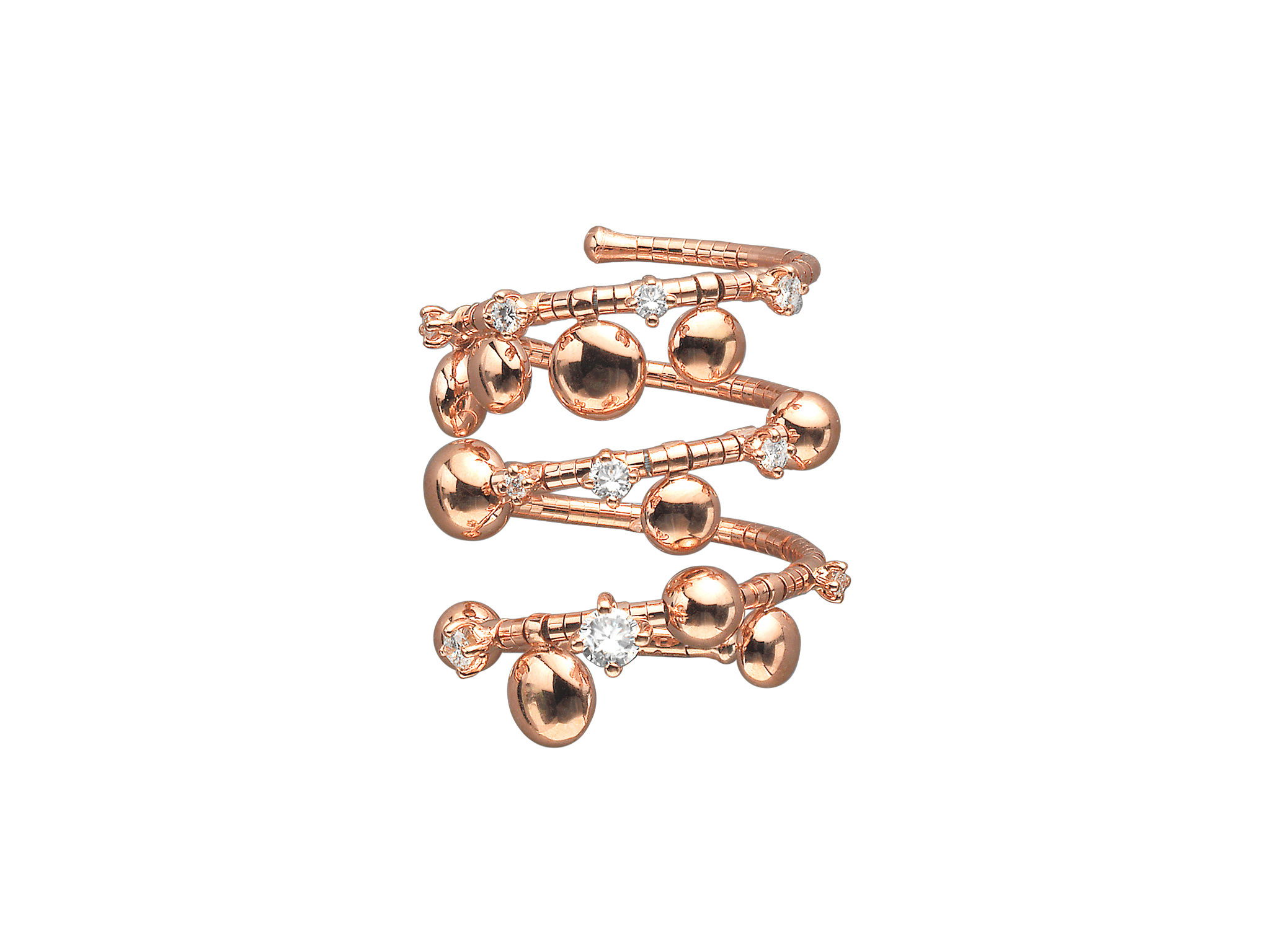 Rugiada Gocce 3 Row Ring with White Diamonds in 18kt Pink Gold by Mattia Cielo. From the Rugiada Gocce (Dew Drops) Collection, this ring is created in 18kt Pink Gold with a titanium core. The ring is set with 0.04ctw round brilliant cut natural white diamonds, G/VS quality. This is a flexible 3 row ring in a medium, size 6.5 - 7.0 US. Rugiada Gocce 3 Row Ring with White Diamonds in 18kt Pink Gold - Medium