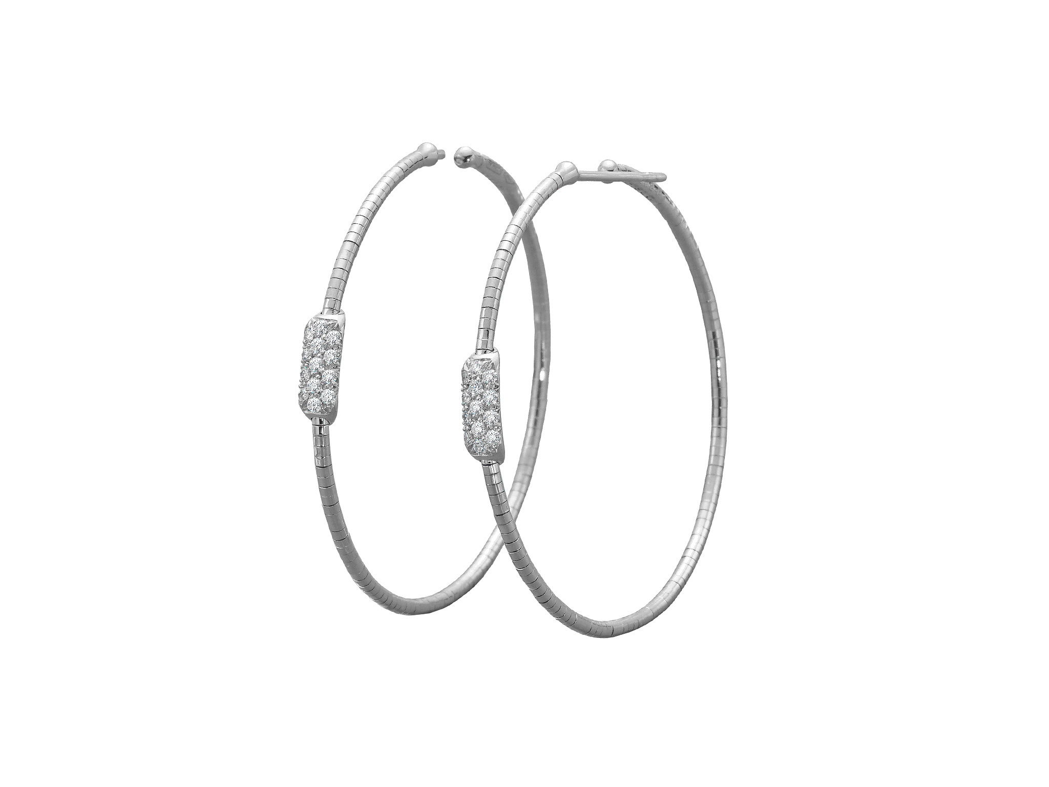 Rugiada Pave 4cm Hoop Earrings with White Diamonds in 18kt White Gold by Mattia Cielo. From the Rugiada Pave (Pave Dew) Collection, these earrings are created in 18kt white gold with a titanium core. The earrings are set with 0.27ctw round brilliant cut natural white diamonds, G/VS quality. The hoops are 4cm in diameter. Rugiada Pave 4cm Hoop Earrings with White Diamonds in 18kt White Gold
