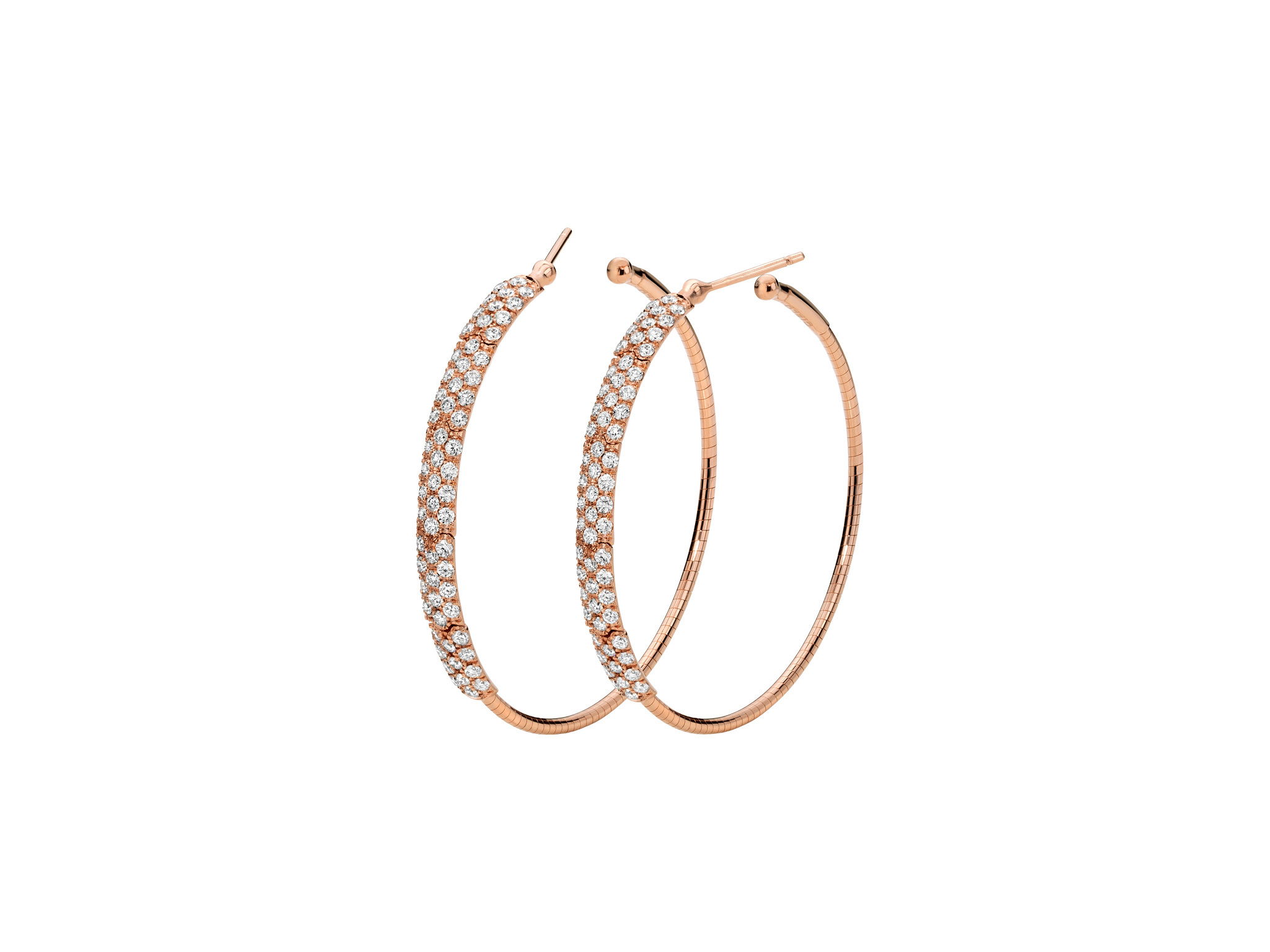 Rugiada Pave 4cm Hoop Earrings with White Diamonds in 18kt Pink Gold by Mattia Cielo. From the Rugiada Pave (Pave Dew) Collection, these earrings are created in 18kt Pink Gold with a titanium core. The earrings are set with 1.52ctw round brilliant cut natural white diamonds, G/VS quality. The hoops are 4cm in diameter. Rugiada Pave 4cm Hoop Earrings with White Diamonds in 18kt Pink Gold