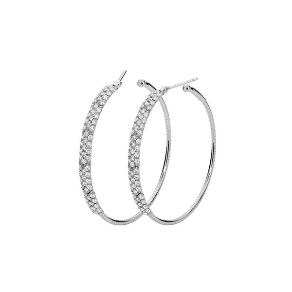 Closeup photo of Rugiada Pave 4cm Hoop Earrings with White Diamonds in 18kt White Gold