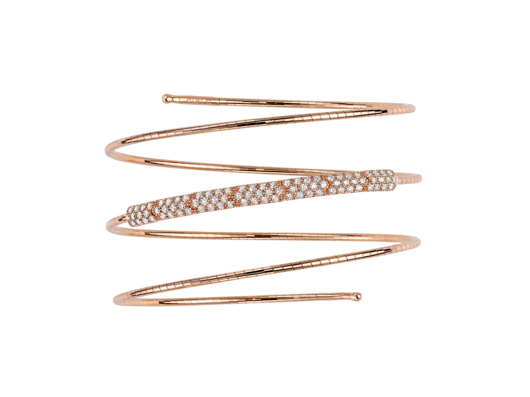 Rugiada Pave 3 Row Bracelet with White Diamonds in 18kt Pink Gold by Mattia Cielo. From the Rugiada Pave (Pave Dew) Collection, this bracelet is created in 18kt Pink Gold with a titanium core. The bracelet is set with 0.86ctw round brilliant cut natural white diamonds, G/VS quality. This is a flexible three row bracelet in a size medium. This translates to 6cm in diameter. The bracelet cm size represents internal diameter. Rugiada Pave 3 Row Bracelet with White Diamonds in 18kt Pink Gold - Medium