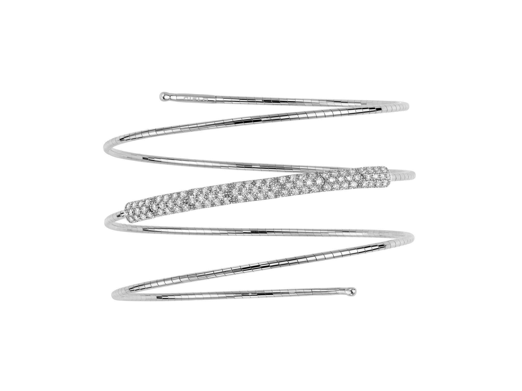 Rugiada Pave 3 Row Bracelet with White Diamonds in 18kt White Gold by Mattia Cielo. From the Rugiada Pave (Pave Dew) Collection, this bracelet is created in 18kt white gold with a titanium core. The bracelet is set with 0.86ctw round brilliant cut natural white diamonds, G/VS quality. This is a flexible three row bracelet in a size medium. This translates to 6cm in diameter. The bracelet cm size represents internal diameter. Rugiada Pave 3 Row Bracelet with White Diamonds in 18kt White Gold - Medium