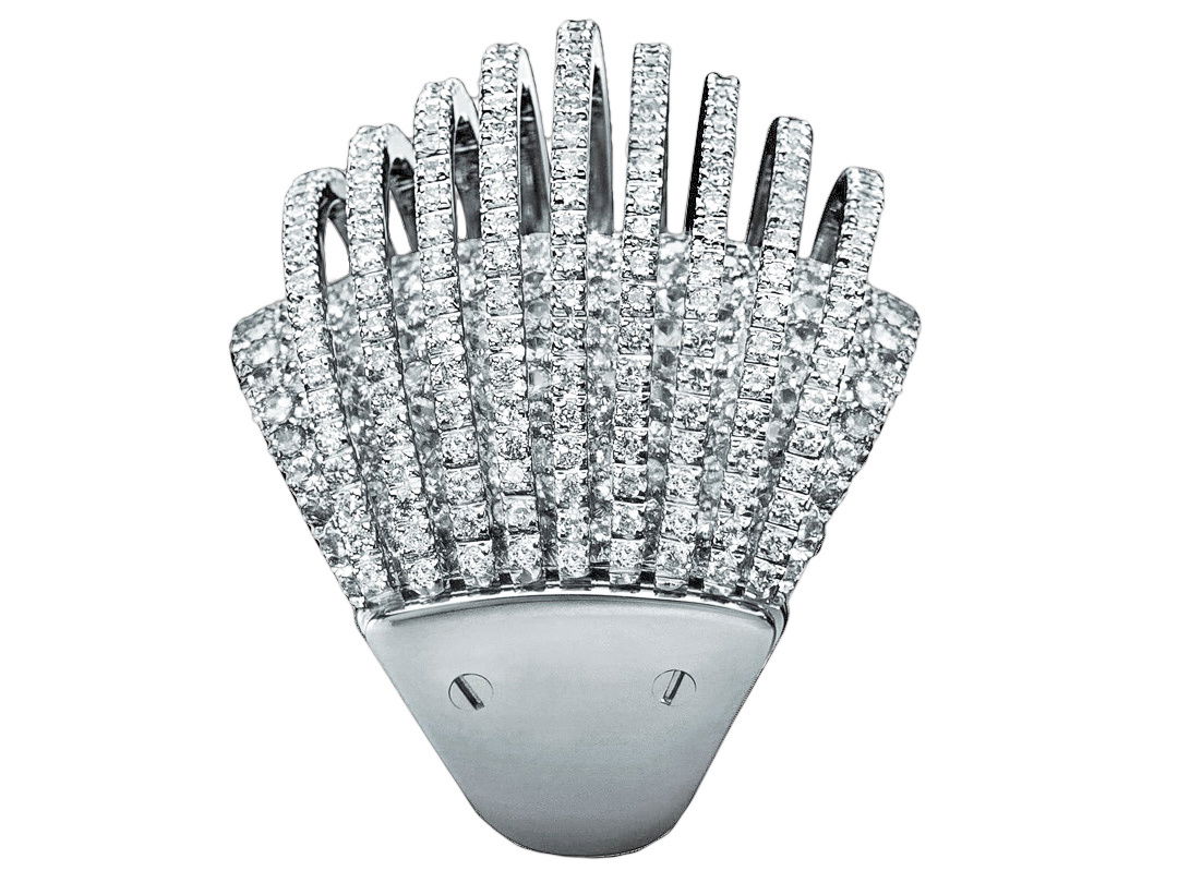 Pavone Narrow Full Pave Ring with White Diamonds in 18kt White Gold by Mattia Cielo. From the Pavone (Peacock) Collection, this ring is created in 18kt white gold. The ring is set with 3.60ctw round brilliant cut natural white diamonds, G/VS quality. This ring is available in full and half sizes and is made to order. Pavone Narrow Full Pave Ring with White Diamonds in 18kt White Gold