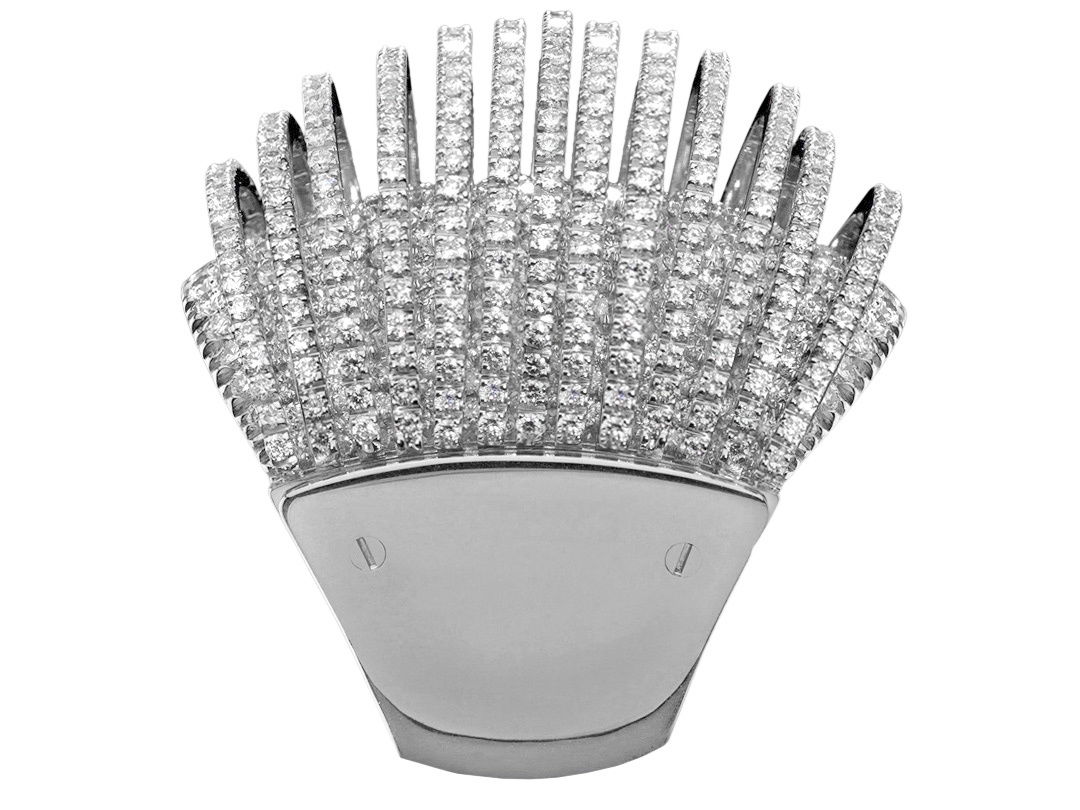 Pavone Wide Full Pave Ring with White Diamonds in 18kt White Gold by Mattia Cielo. From the Pavone (Peacock) Collection, this ring is created in 18kt white gold. The ring is set with 5.22ctw round brilliant cut natural white diamonds, G/VS quality. This ring is available in full and half sizes and is made to order. Pavone Wide Full Pave Ring with White Diamonds in 18kt White Gold