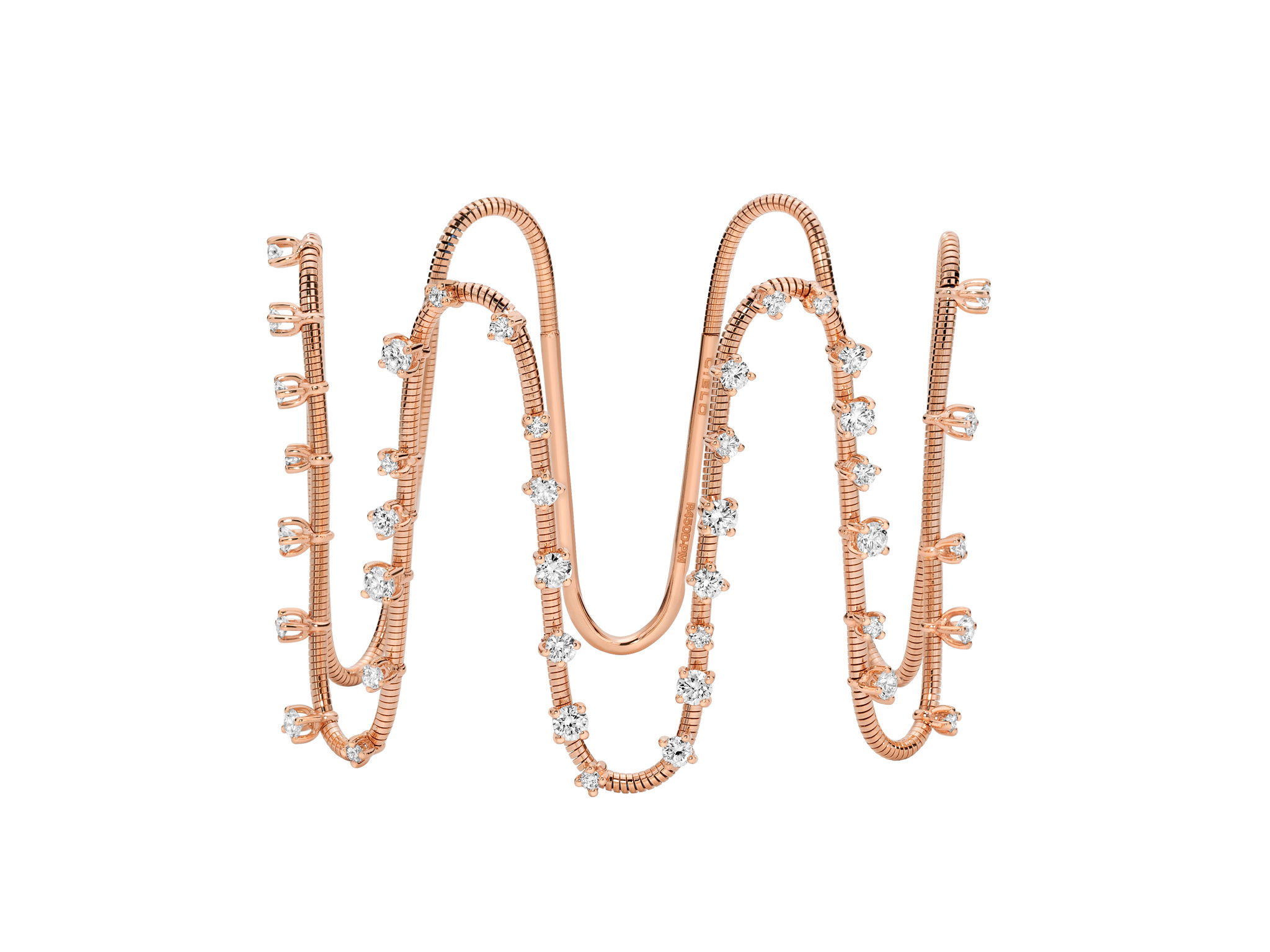 NOVELTIES Wide Squiggle Bracelet with White Diamonds in 18kt Pink Gold by Mattia Cielo. From the NOVELTIES Collection, this bracelet is created in 18kt Pink Gold with a titanium core. The bracelet is set with forty-one round brilliant cut natural white diamonds at 1.72ctw, G/VS quality. The Wide Squiggle bracelet is a flexible bracelet that stretches out to accommodate all wrist sizes. NOVELTIES Wide Squiggle Bracelet with White Diamonds in 18kt Pink Gold - One Size