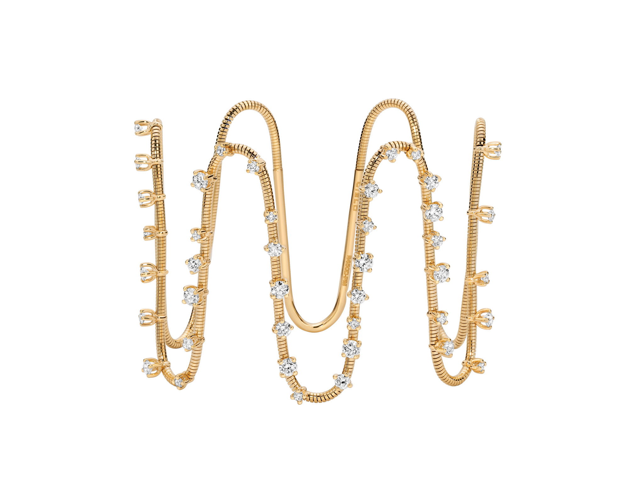 NOVELTIES Wide Squiggle Bracelet with White Diamonds in 18kt Yellow Gold by Mattia Cielo. From the NOVELTIES Collection, this bracelet is created in 18kt yellow gold with a titanium core. The bracelet is set with forty-one round brilliant cut natural white diamonds at 1.72ctw, G/VS quality. The Wide Squiggle bracelet is a flexible bracelet that stretches out to accommodate all wrist sizes. NOVELTIES Wide Squiggle Bracelet with White Diamonds in 18kt Yellow Gold - One Size