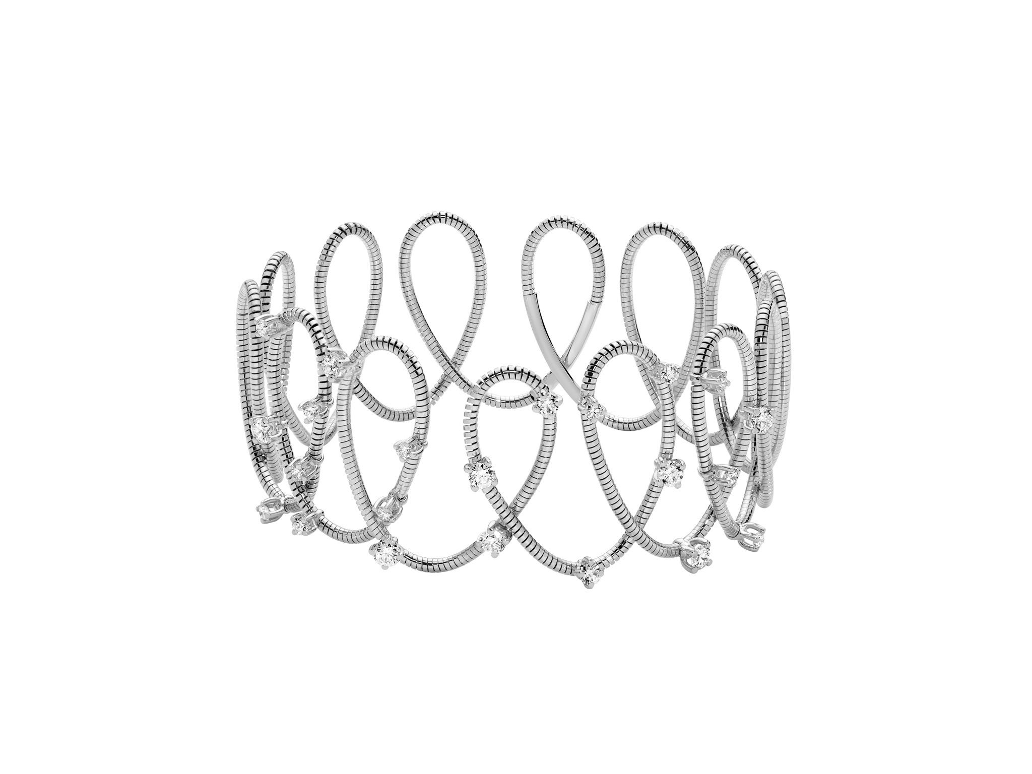 NOVELTIES Crossover Loops Bracelet with White Diamonds in 18kt White Gold by Mattia Cielo. From the NOVELTIES Collection, this bracelet is created in 18kt white gold with a titanium core. The bracelet is set with twenty-two round brilliant cut natural white diamonds at 1.10ctw, G/VS quality. The Crossover Loops bracelet is a flexible bracelet that stretches out to accommodate all wrist sizes. NOVELTIES Crossover Loops Bracelet with White Diamonds in 18kt White Gold - One Size
