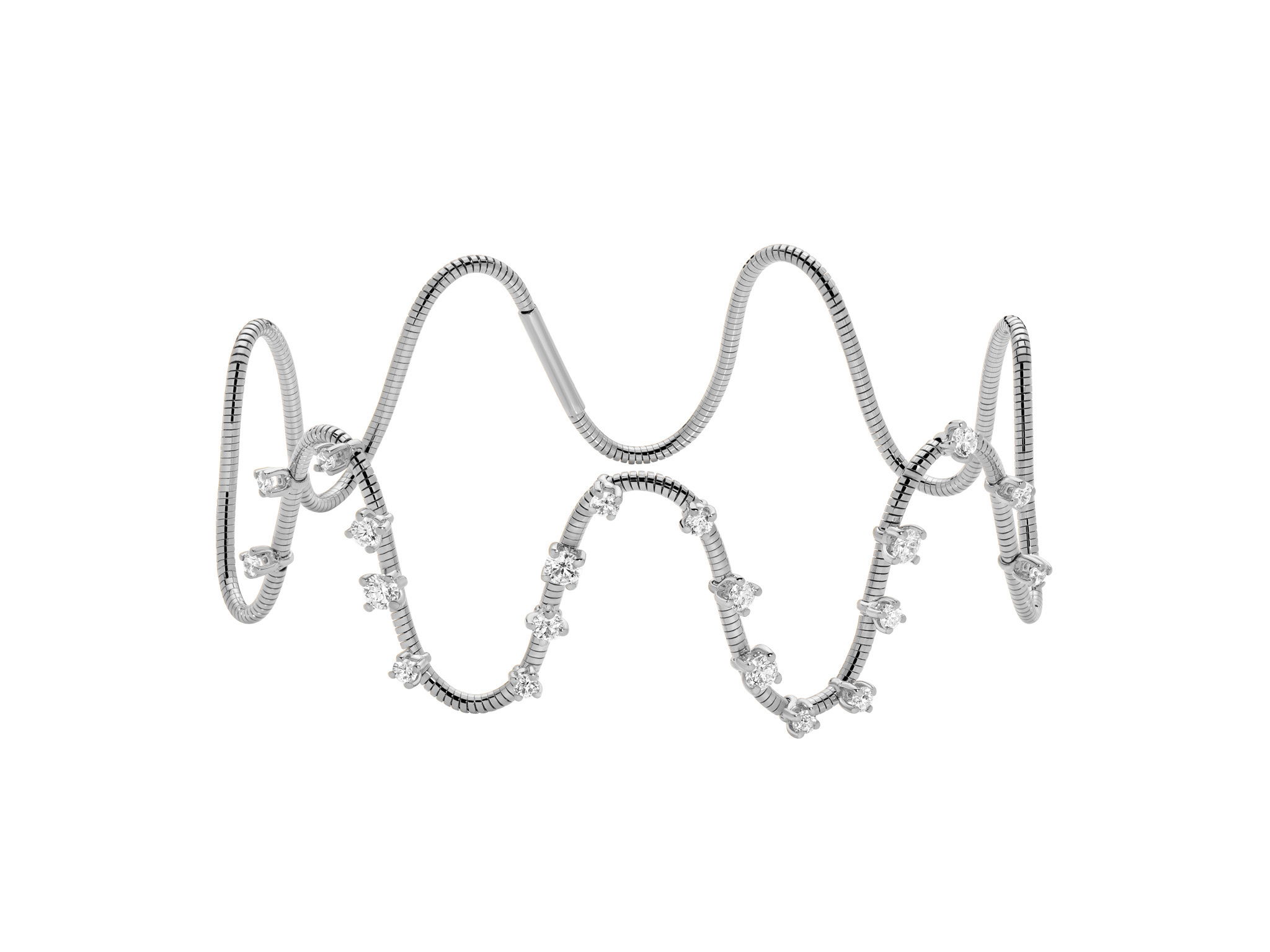 NOVELTIES Loose Squiggle Bracelet with White Diamonds in 18kt White Gold by Mattia Cielo. From the NOVELTIES Collection, this bracelet is created in 18kt white gold with a titanium core. The bracelet is set with twenty round brilliant cut natural white diamonds at 0.88ctw, G/VS quality. The Loose Squiggle bracelet is a flexible bracelet that stretches out to accommodate all wrist sizes. NOVELTIES Loose Squiggle Bracelet with White Diamonds in 18kt White Gold - One Size