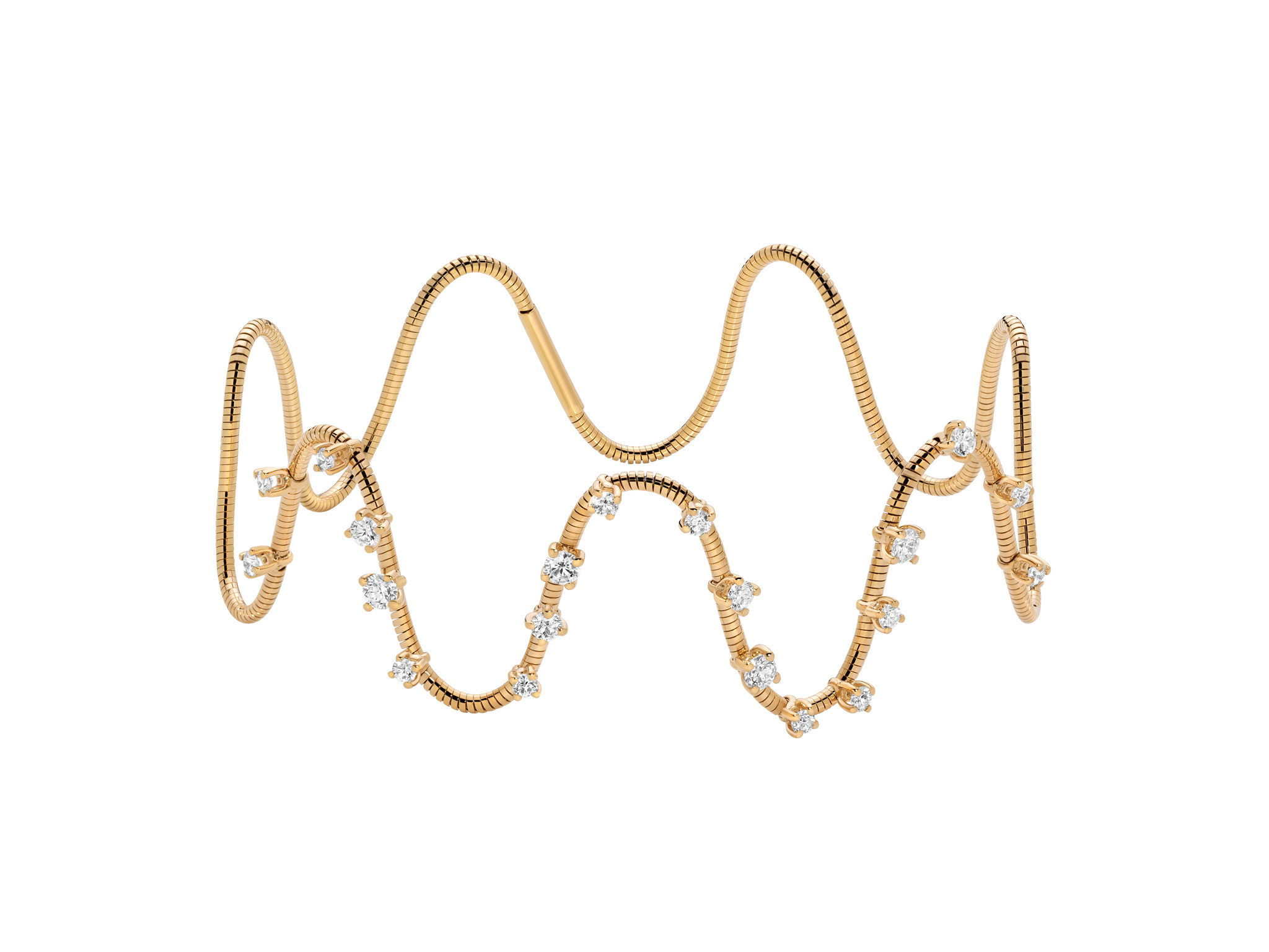 NOVELTIES Loose Squiggle Bracelet with White Diamonds in 18kt Yellow Gold by Mattia Cielo. From the NOVELTIES Collection, this bracelet is created in 18kt yellow gold with a titanium core. The bracelet is set with twenty round brilliant cut natural white diamonds at 0.88ctw, G/VS quality. The Loose Squiggle bracelet is a flexible bracelet that stretches out to accommodate all wrist sizes. NOVELTIES Loose Squiggle Bracelet with White Diamonds in 18kt Yellow Gold - One Size
