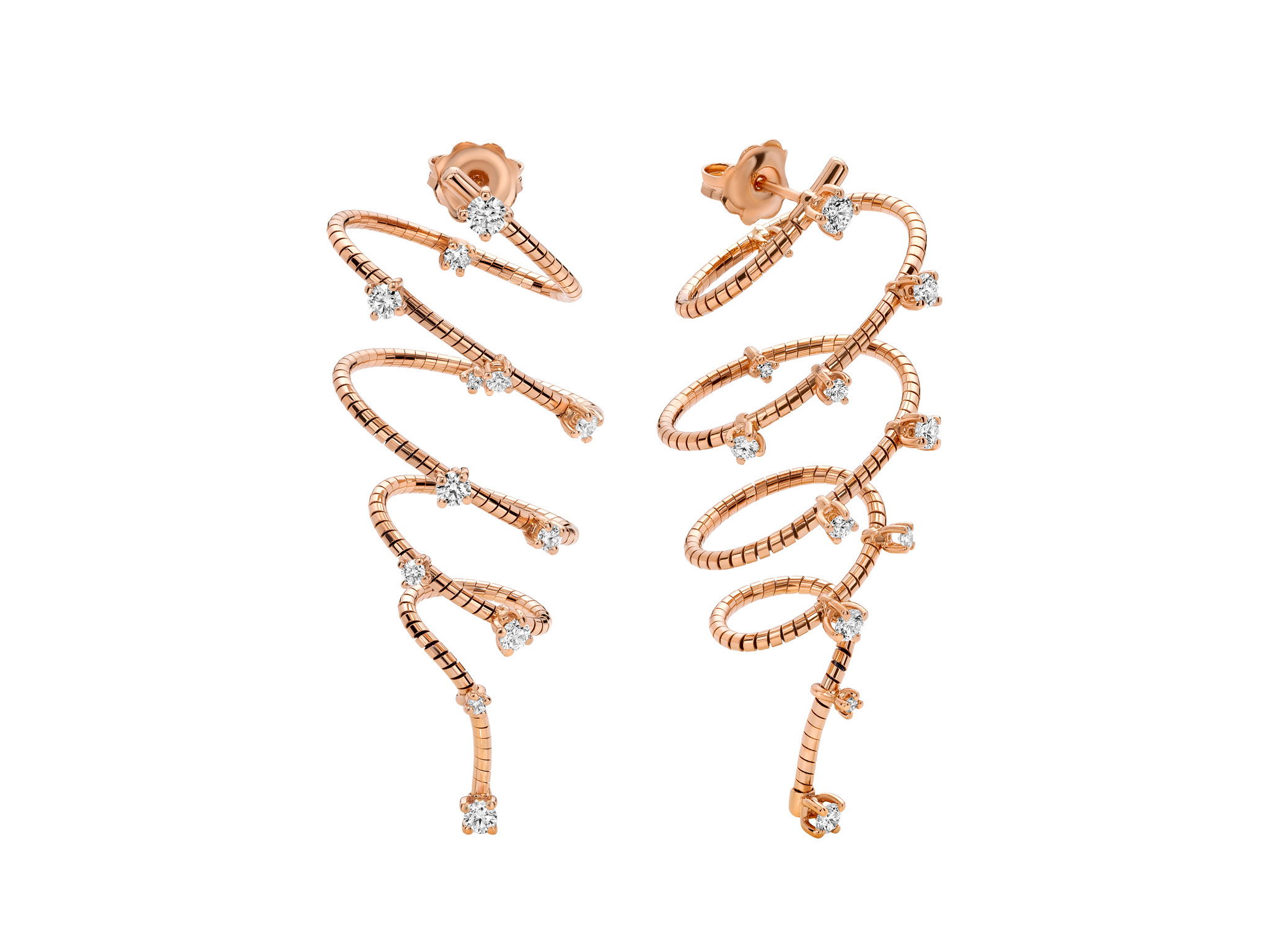 NOVELTIES 5cm Spiral Drop Earrings with White Diamonds in 18kt Pink Gold