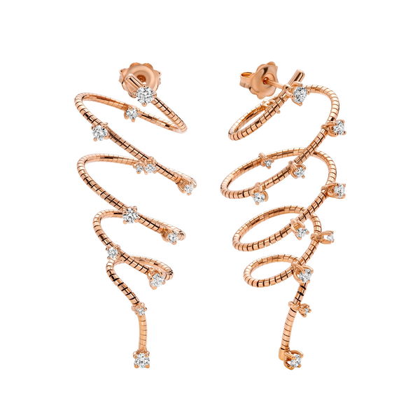 Closeup photo of NOVELTIES 5cm Spiral Drop Earrings with White Diamonds in 18kt Pink Gold