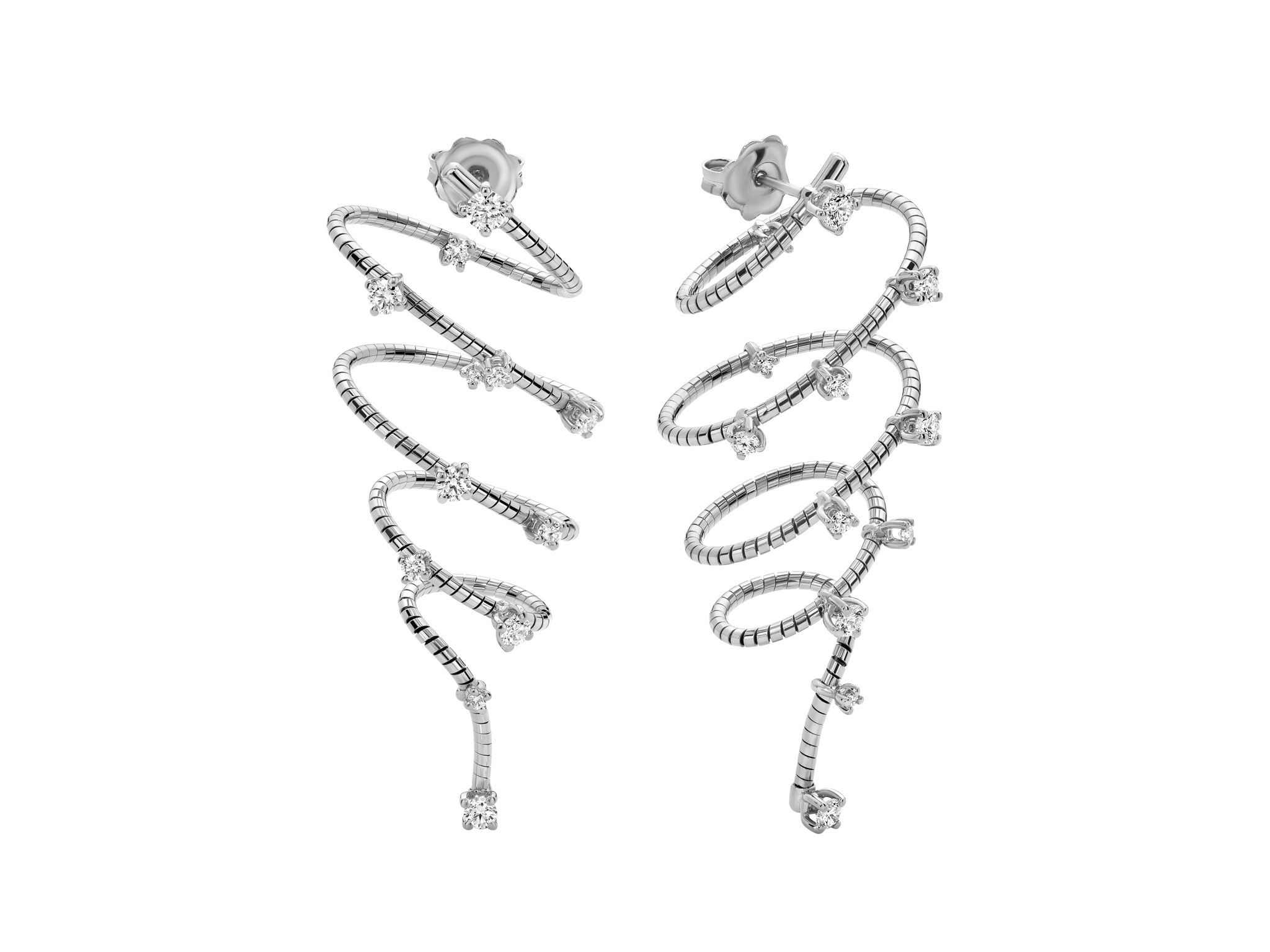 NOVELTIES 5cm Spiral Drop Earrings with White Diamonds in 18kt White Gold by Mattia Cielo. From the NOVELTIES Collection, these earrings are created in 18kt white gold with a titanium core. The earrings are set with twenty-two round brilliant cut natural white diamonds at 1.03ctw, G/VS quality. The spiral drops measure 5cm long. NOVELTIES 5cm Spiral Drop Earrings with White Diamonds in 18kt White Gold