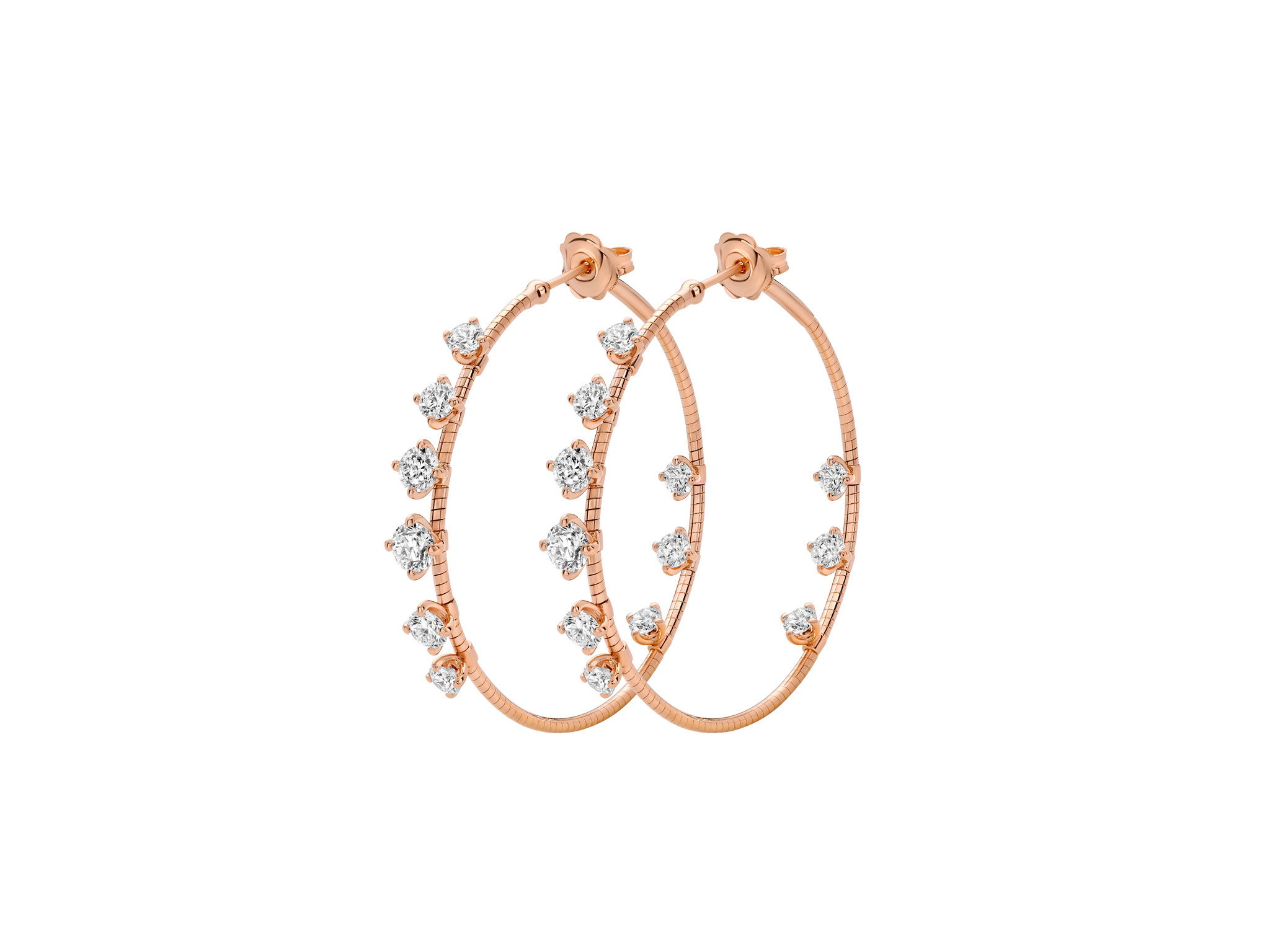 NOVELTIES 4cm Hoop Earrings with White Diamonds in 18kt Pink Gold by Mattia Cielo. From the NOVELTIES Collection, these earrings are created in 18kt Pink Gold with a titanium core. The earrings are set with eighteen round brilliant cut natural white diamonds at 3.80ctw, G/VS quality. The hoops are 4cm in diameter. NOVELTIES 4cm Hoop Earrings with White Diamonds in 18kt Pink Gold