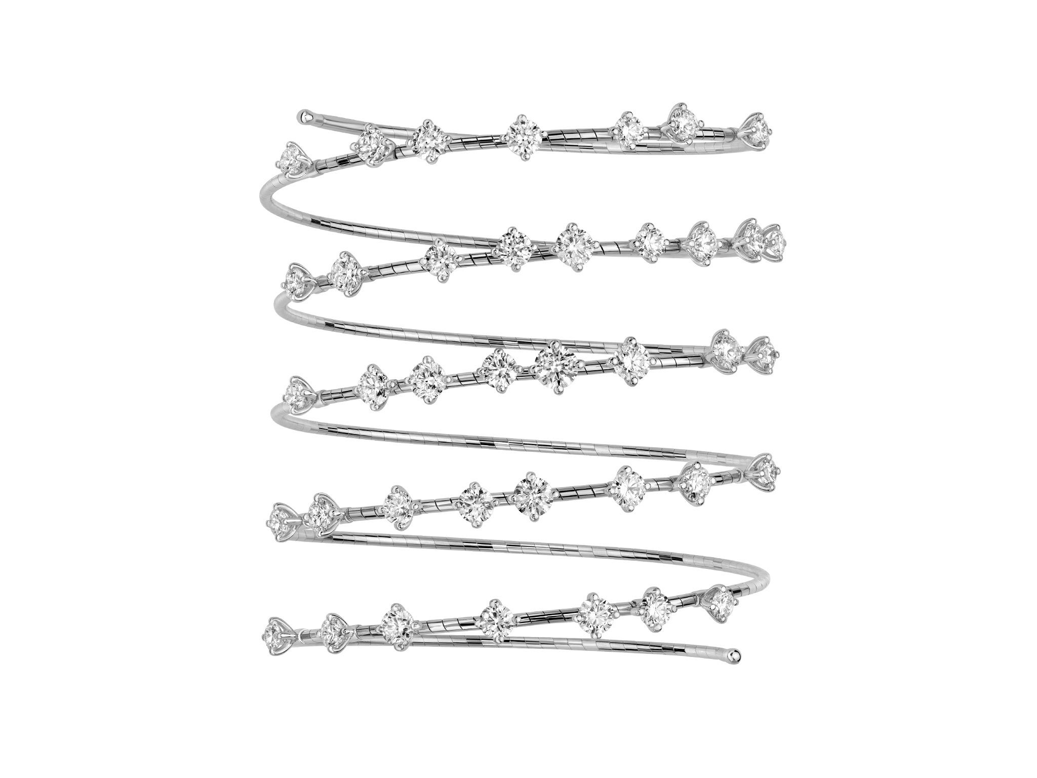 NOVELTIES 5 Row Bracelet with White Diamonds in 18kt White Gold by Mattia Cielo. From the NOVELTIES Collection, this bracelet is created in 18kt white gold with a titanium core. The bracelet is set with thirty-nine round brilliant cut natural white diamonds at 8.02ctw, G/VS quality. This is a flexible five row bracelet in a size medium. This translates to 6cm in diameter. The bracelet cm size represents internal diameter. NOVELTIES 5 Row Bracelet with White Diamonds in 18kt White Gold - Medium
